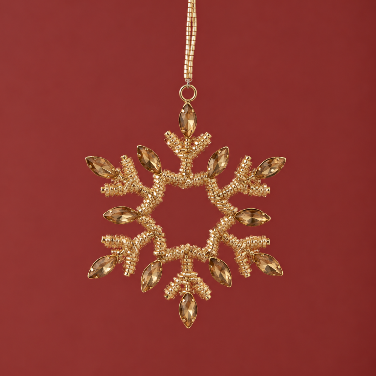 A gold snowflake ornament. 
