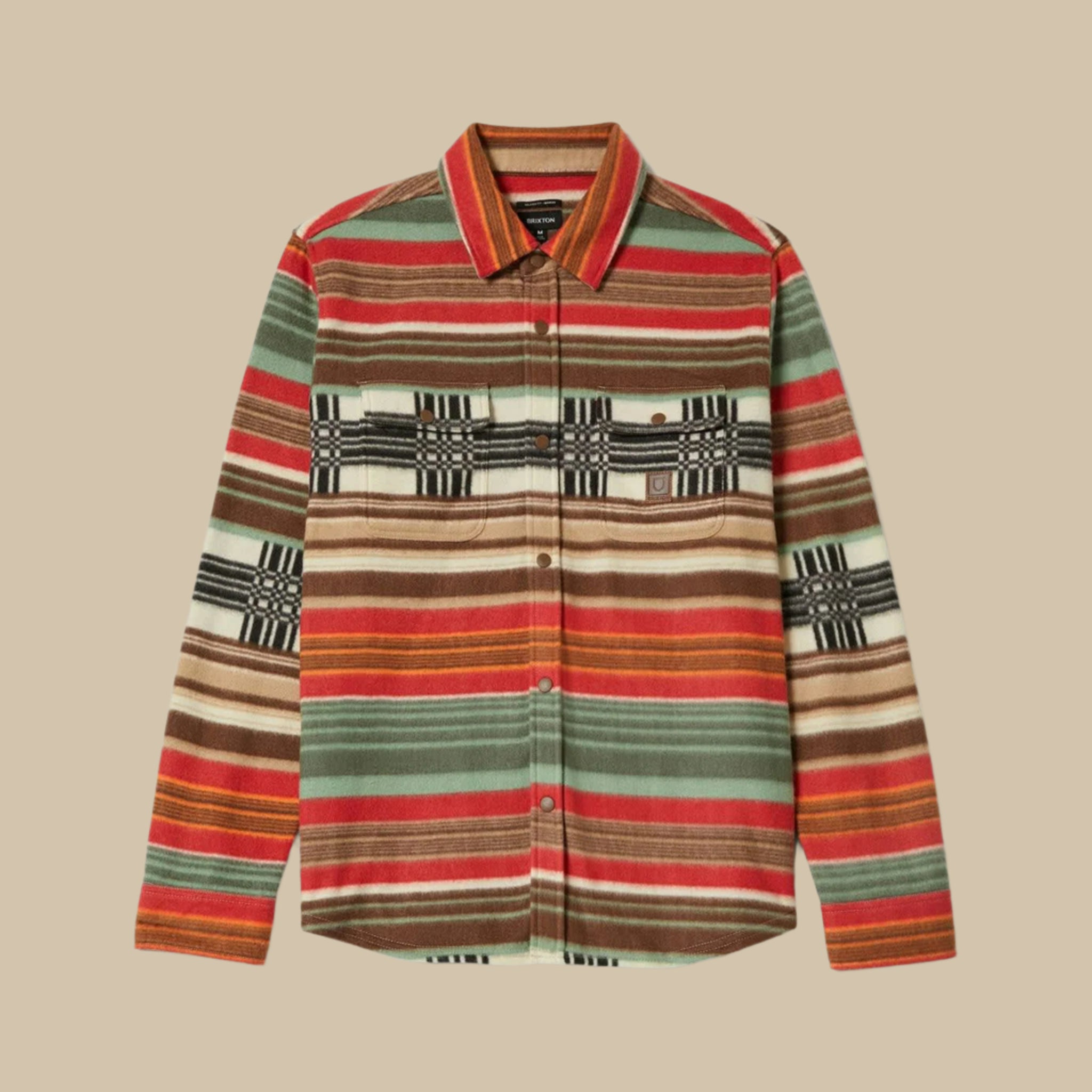 A red, green, brown and orange fleece button up. 