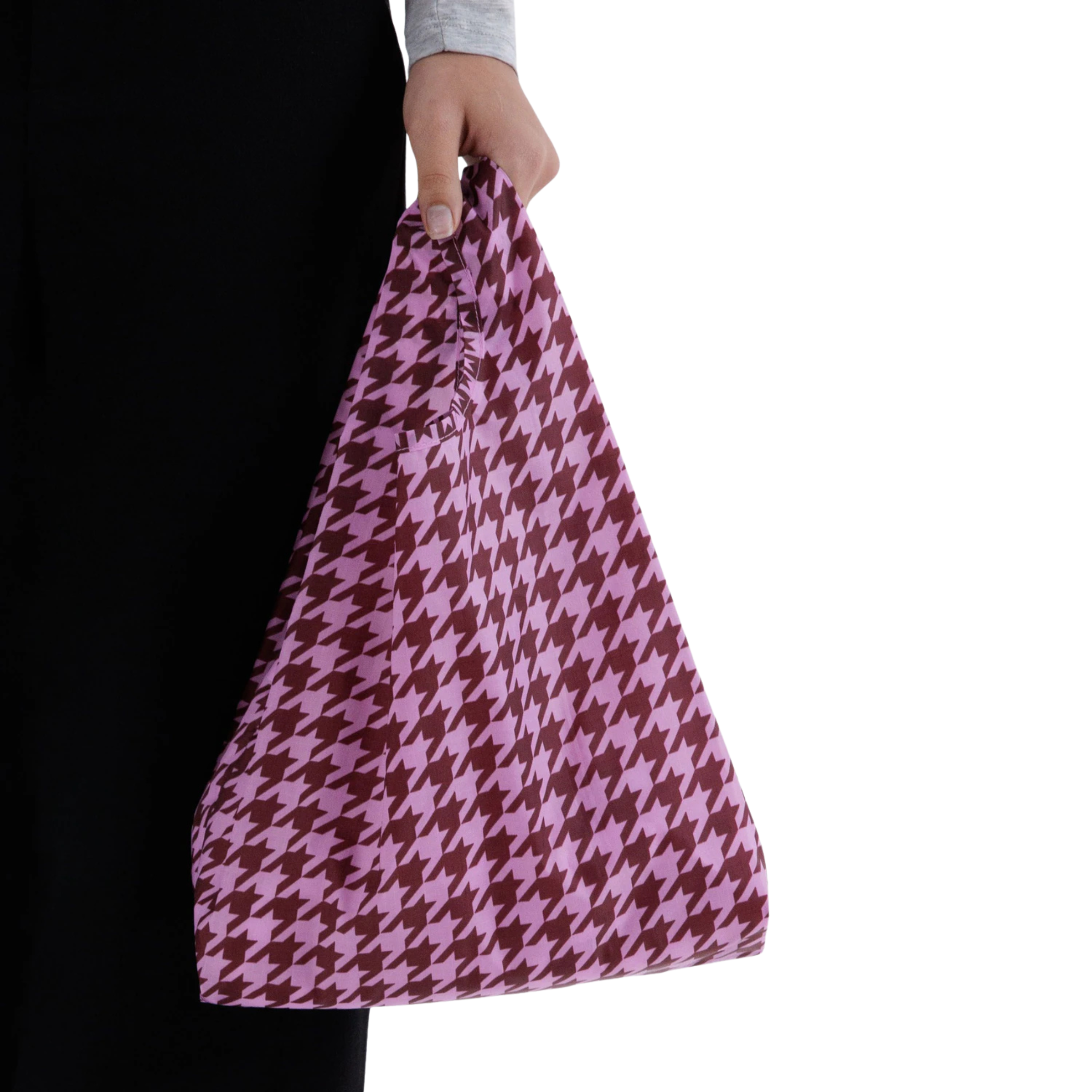 A pink and burgundy pattern nylon tote bag.