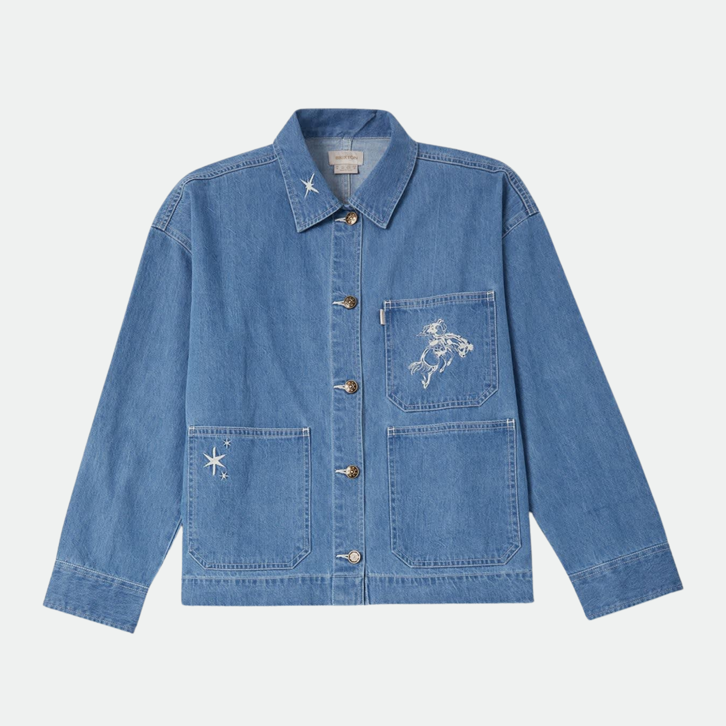 a light blue denim barn jacket with a horse and star embroidered design. 