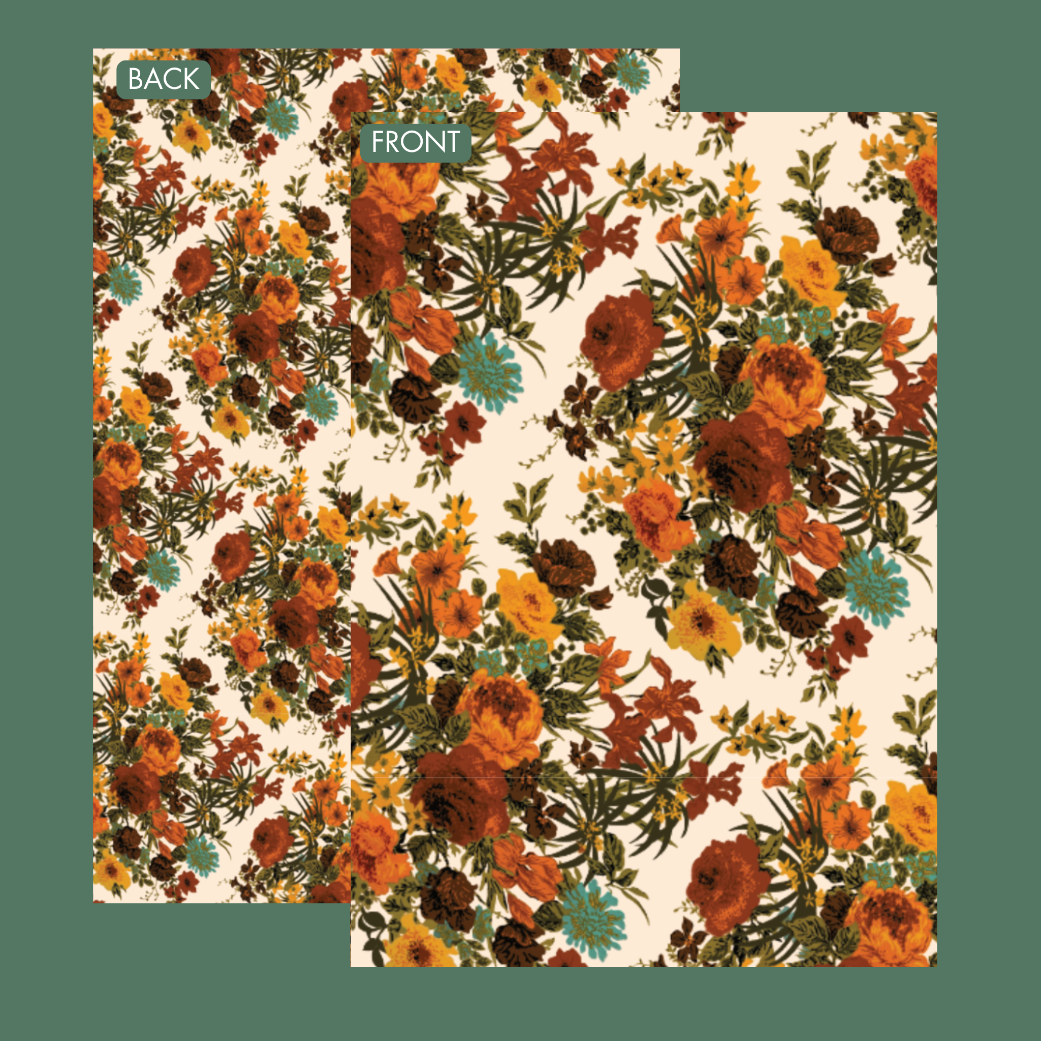 A vintage inspired floral print double sided wrapping paper sheet on a teal background.