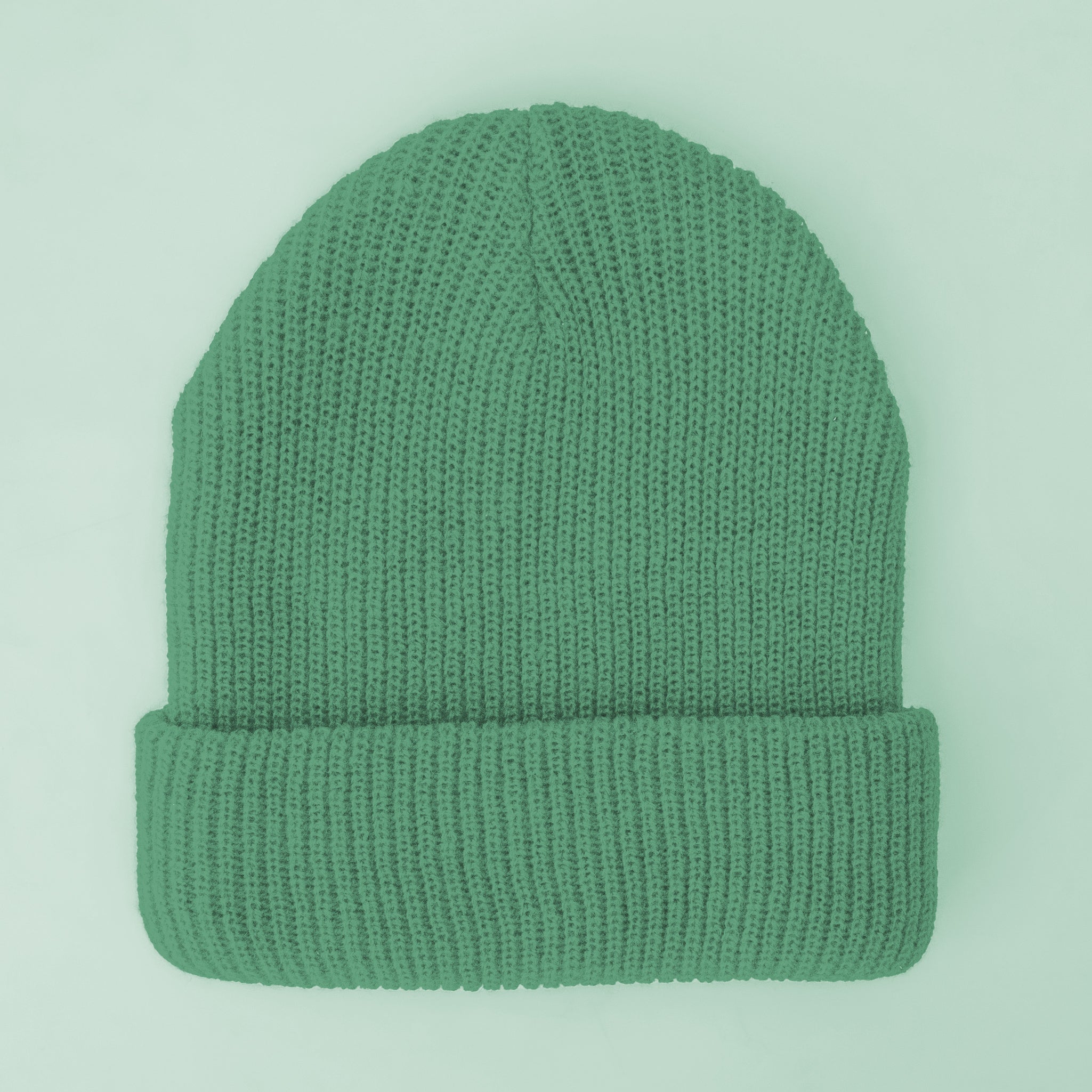 A jade green colored ribbed beanie. 