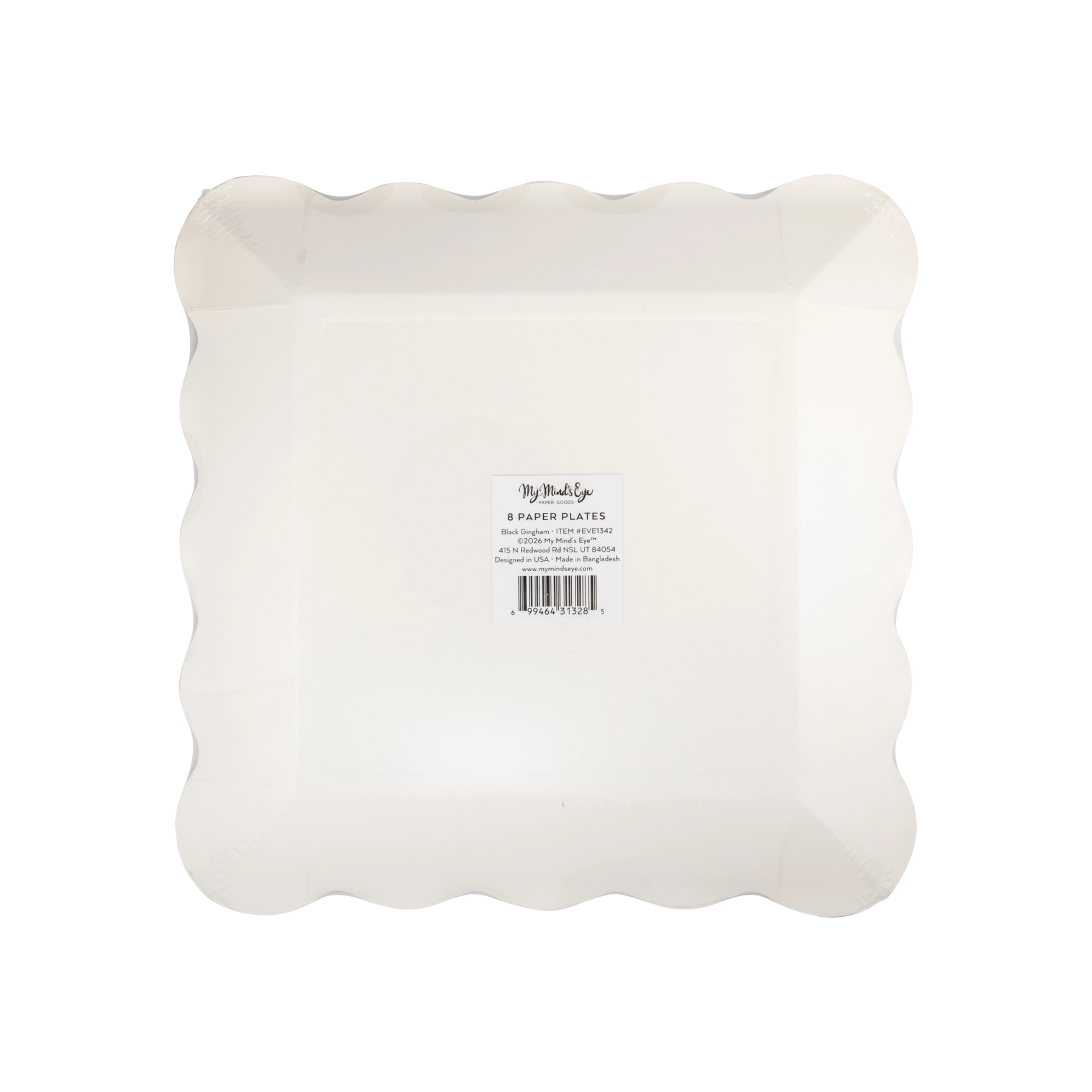 a black and white square paper plate with a scallop edge. 