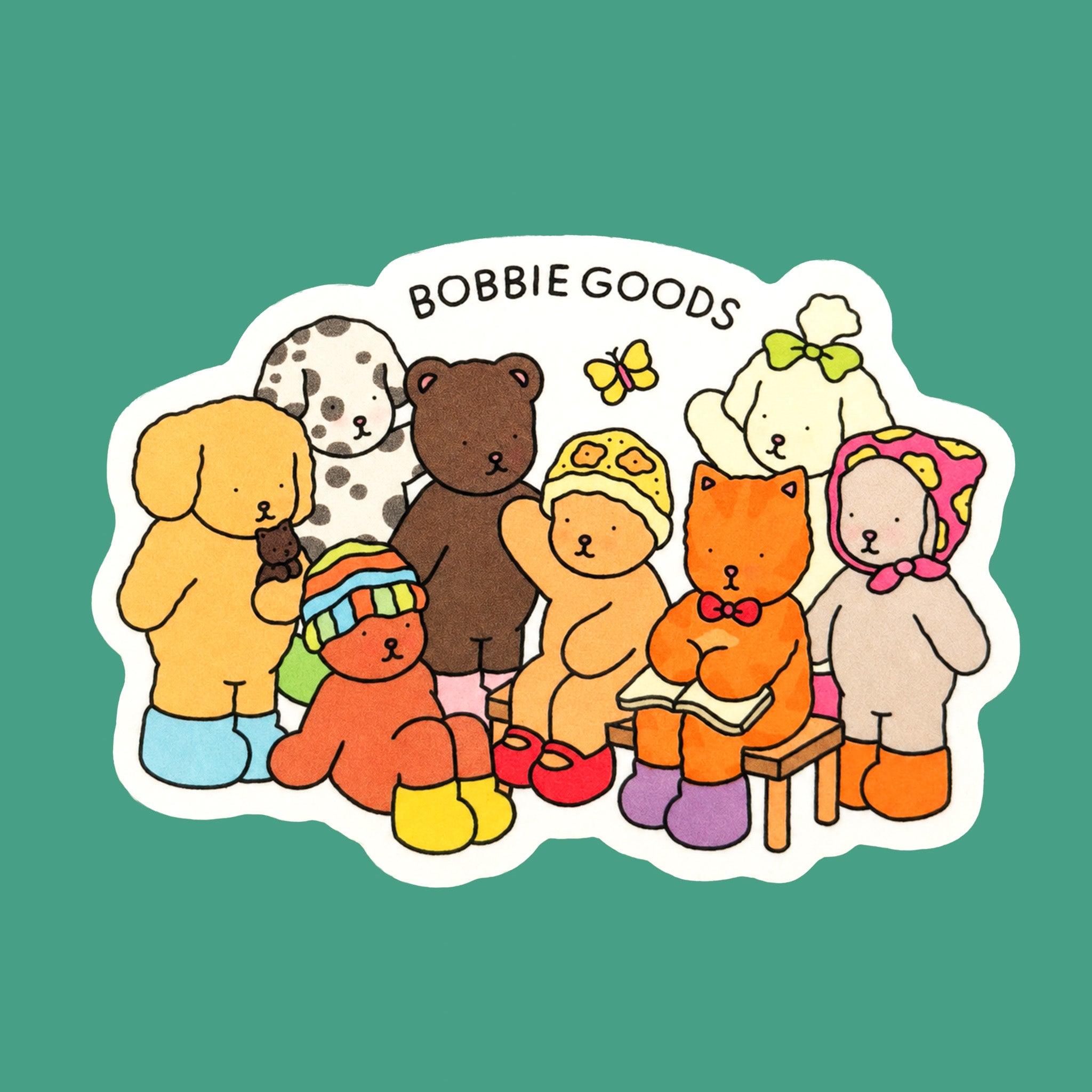 A sticker featuring lots of bear characters that reads "bobbie goods"