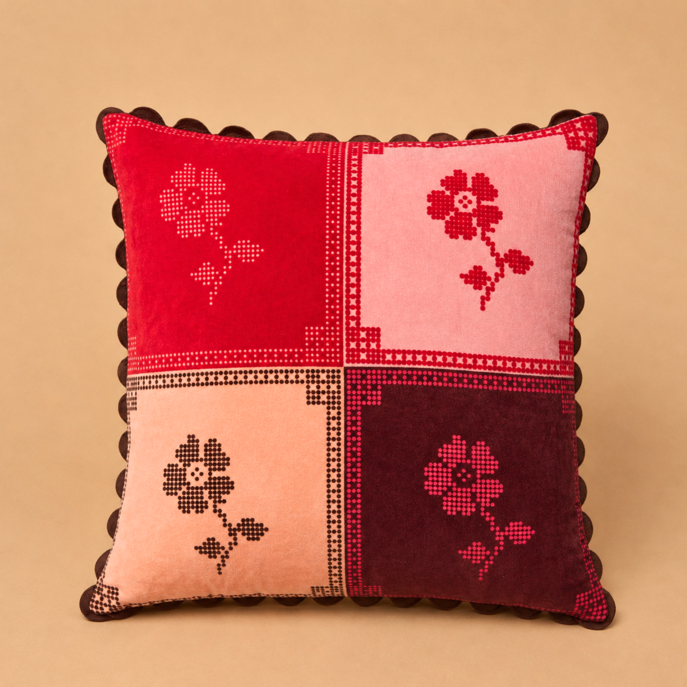 a floral print color block square pillow. 