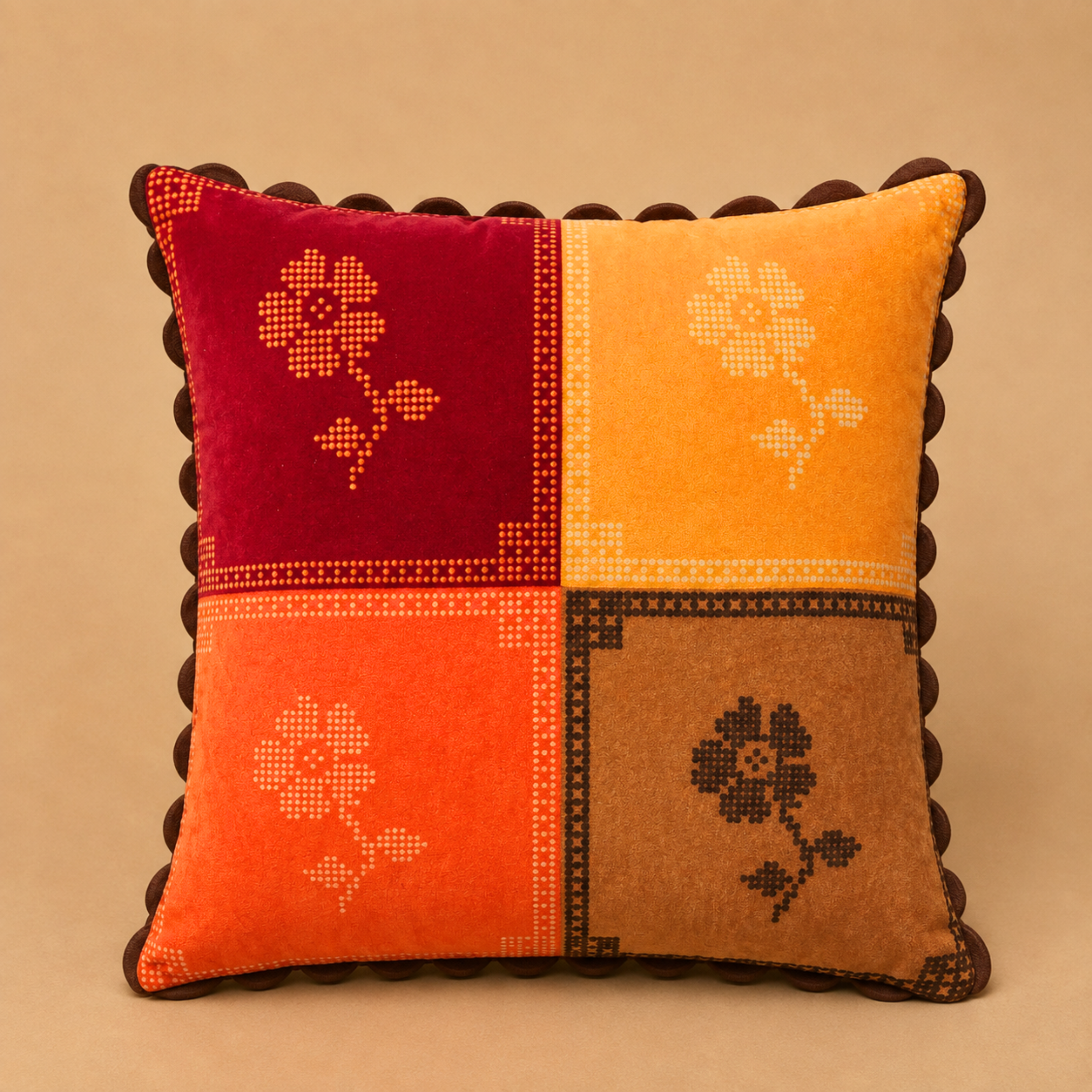 a floral print color block square pillow. 