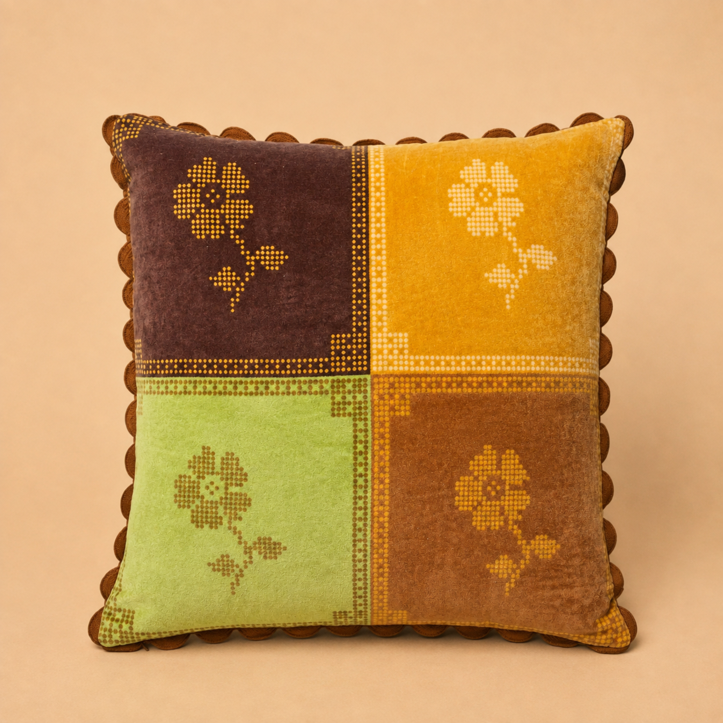 a reversible pillow with a floral print and color block design. 
