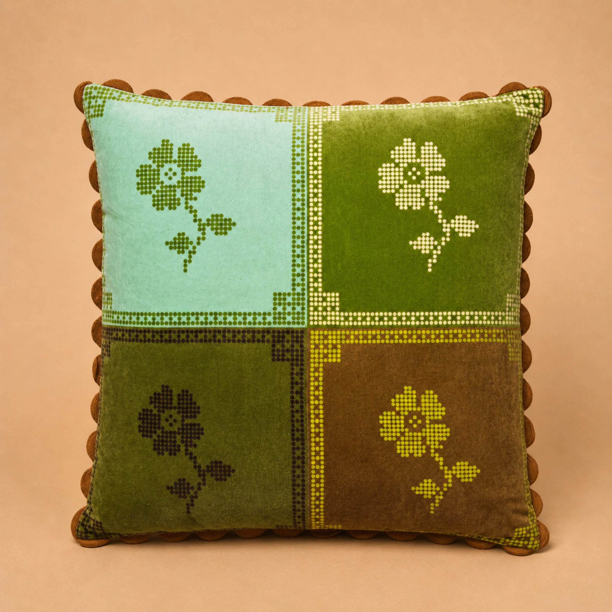 a reversible pillow with a floral print and color block design. 