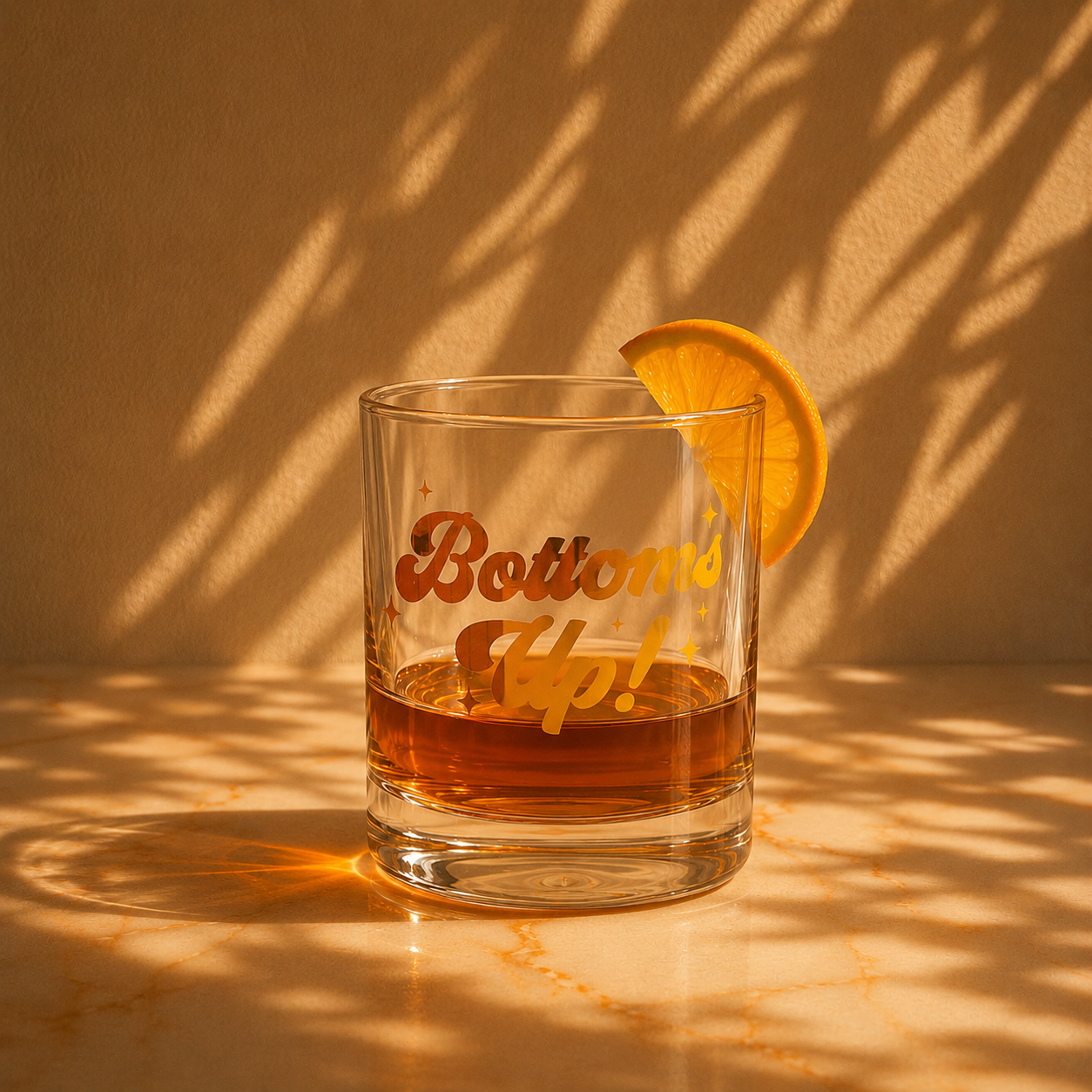 A clear glass tumbler with gold text that reads, 'Bottoms Up!'. 