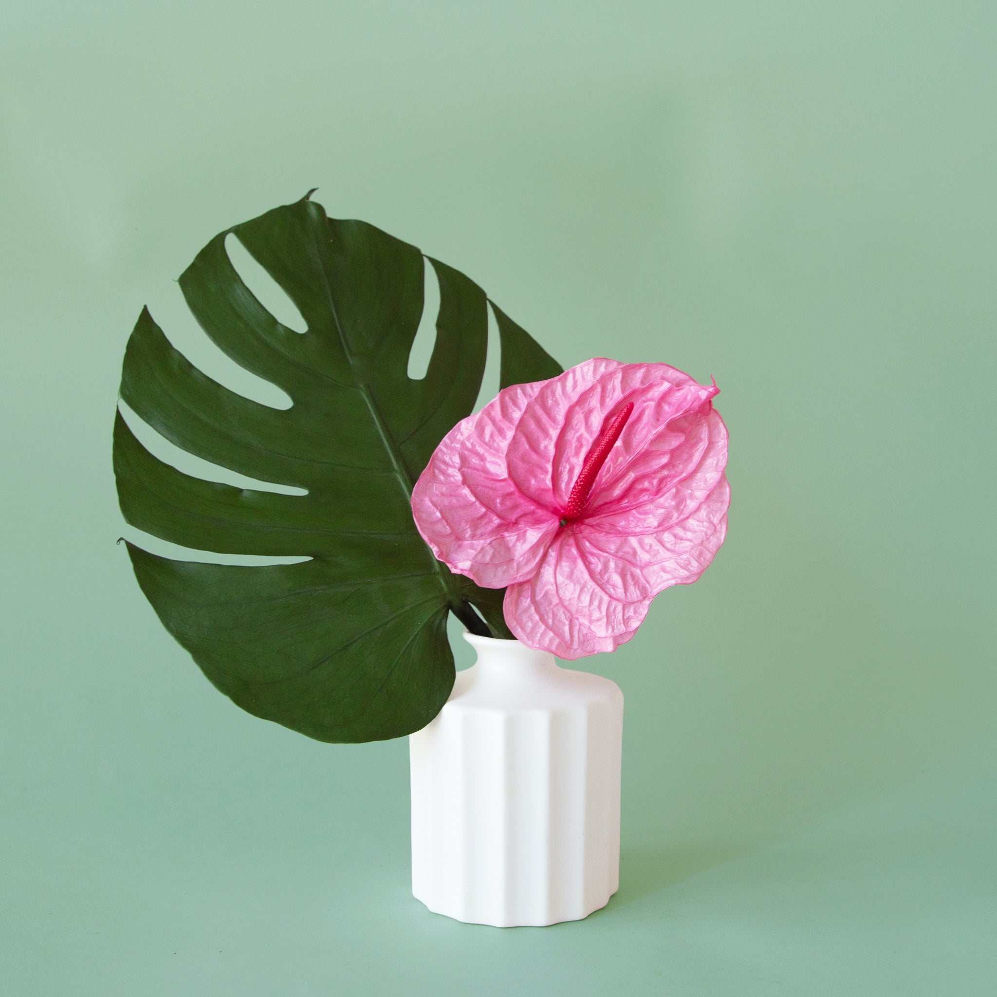 A white bud vase with a thick ribbed texture.