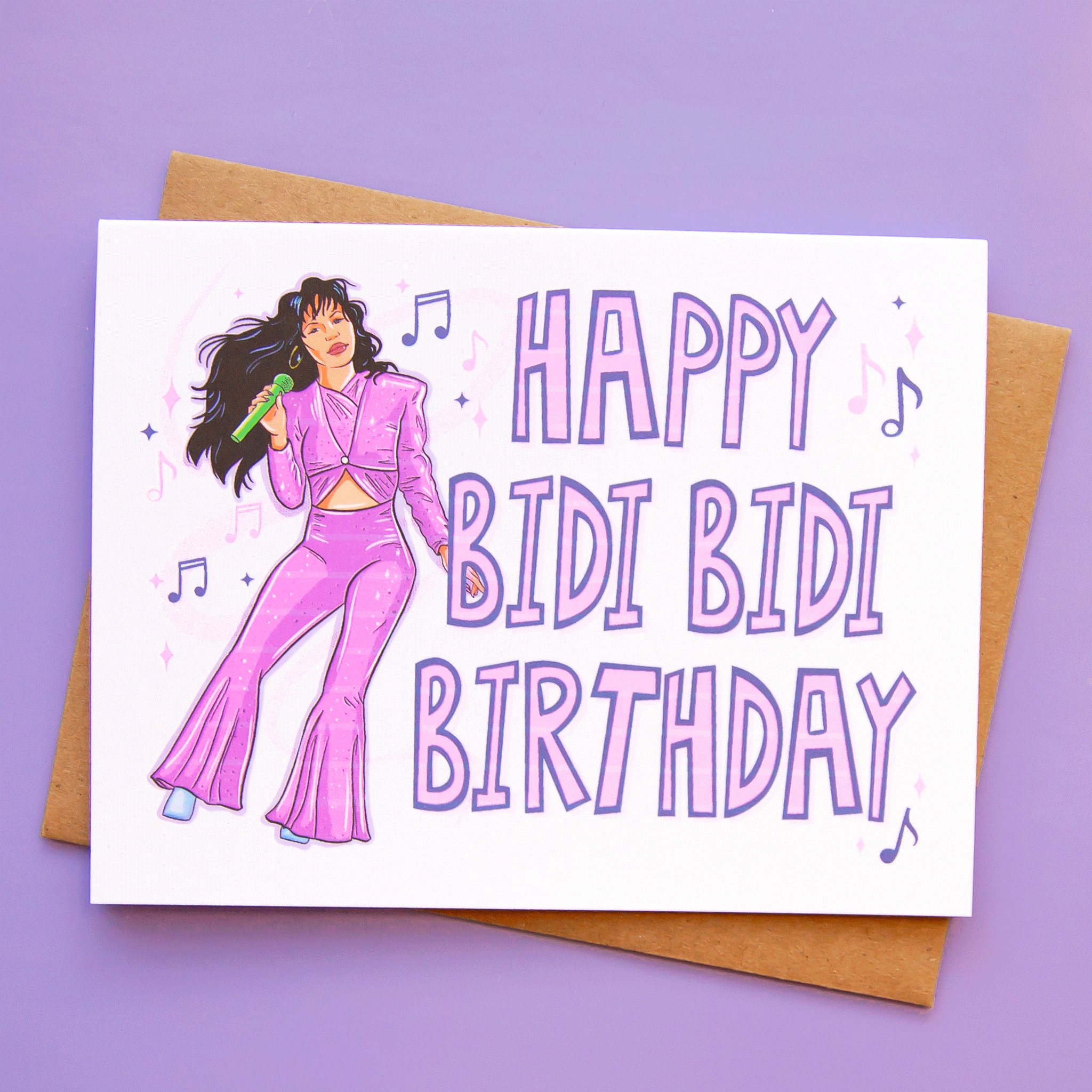 On a purple background is a white and purple card with Selena and text on the right that reads, "Happy Bidi Bidi Birthday".