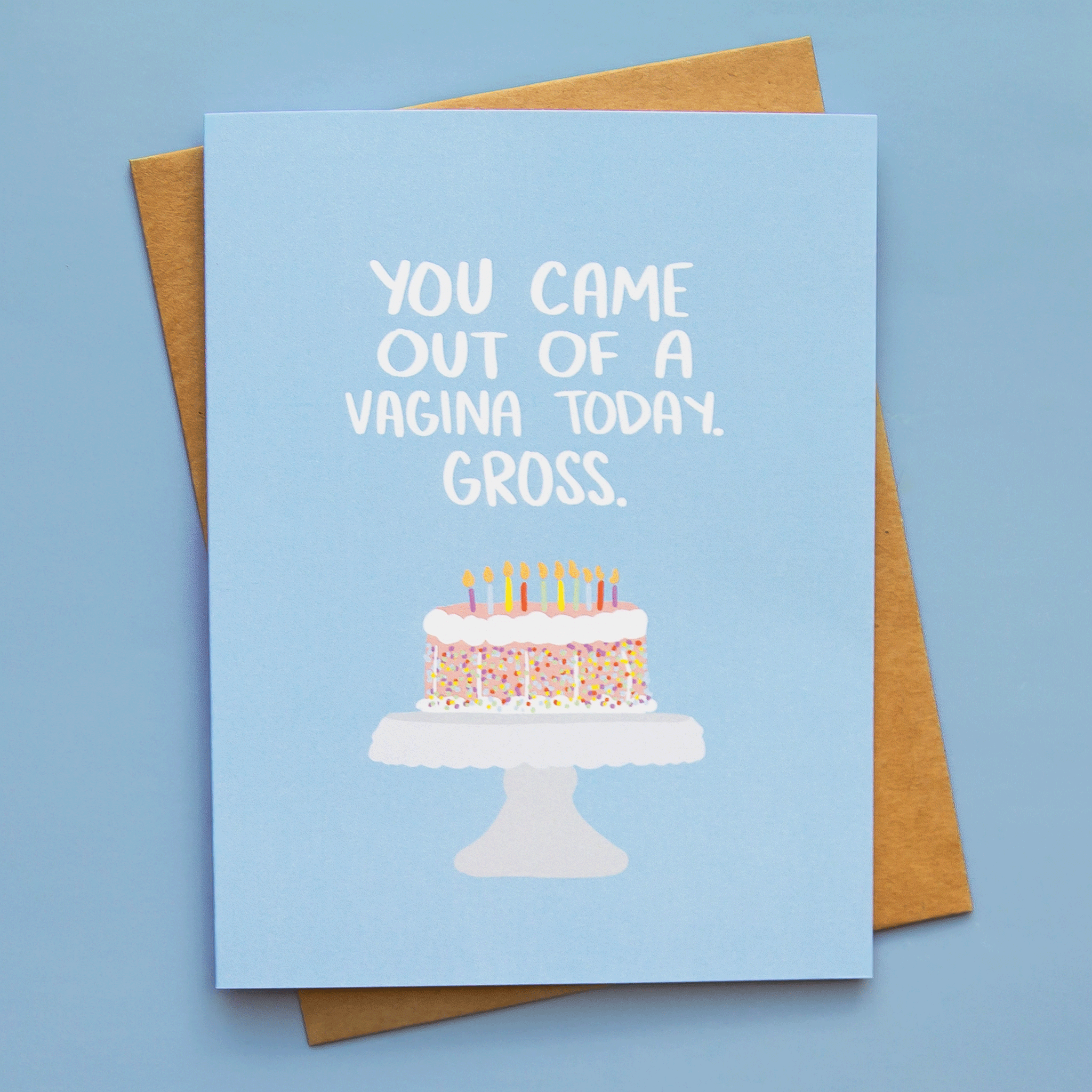 On a blue background is a blue card with white text that reads, &quot;You Came Out Of A Vagina Today. Gross&quot; along with an illustration of a multicolored birthday cake with candles.