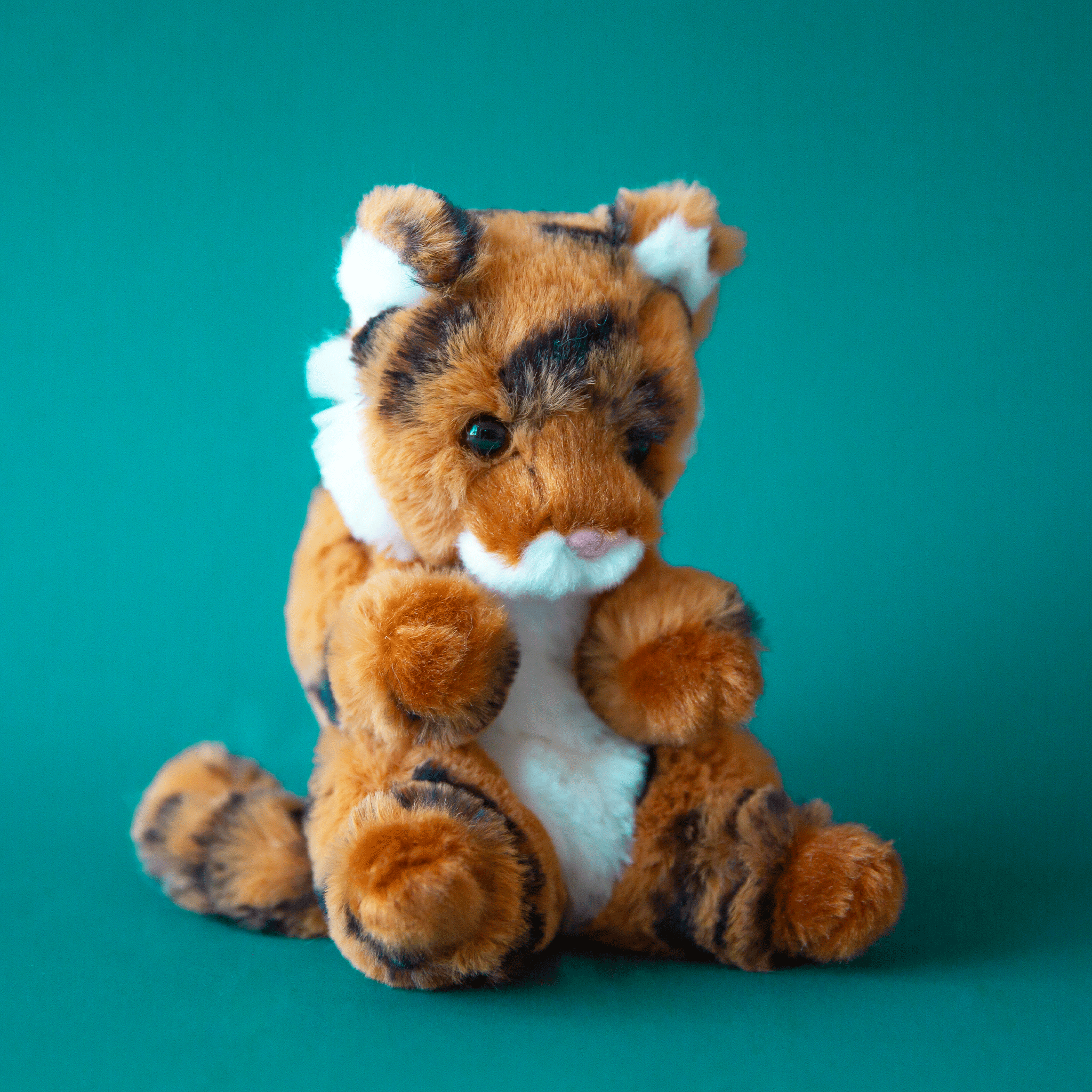 On a blue background is a small tiger stuffed animal toy with black stripes and an adorable face.