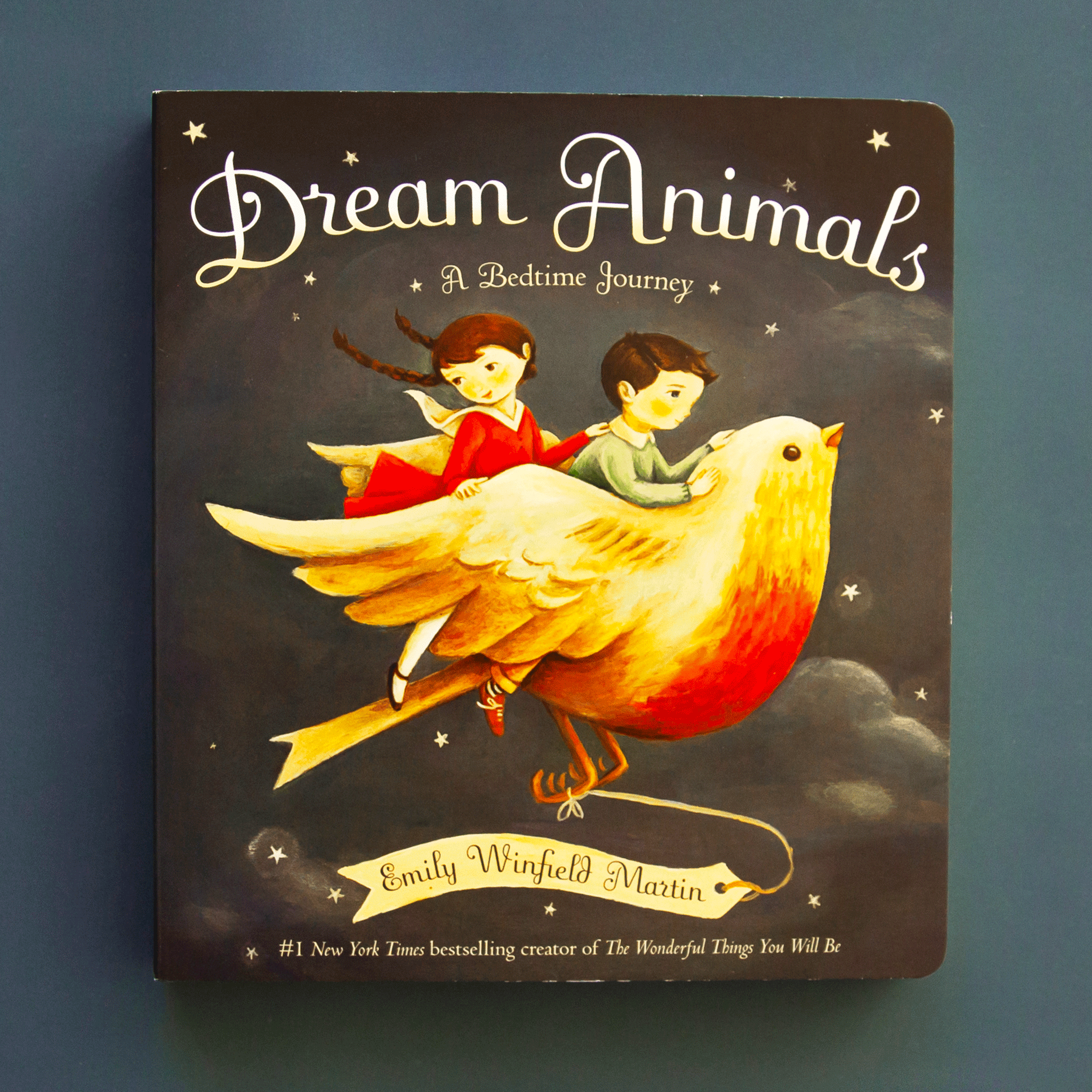 A dark blue/gray book cover with the title, "Dream Animals: A Bedtime Journey" along with an illustration of two children riding a bird through the night sky.