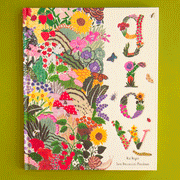 On a green background is a multi-colored book cover with flowers, fruits and greenery with a title that reads, "grow". 