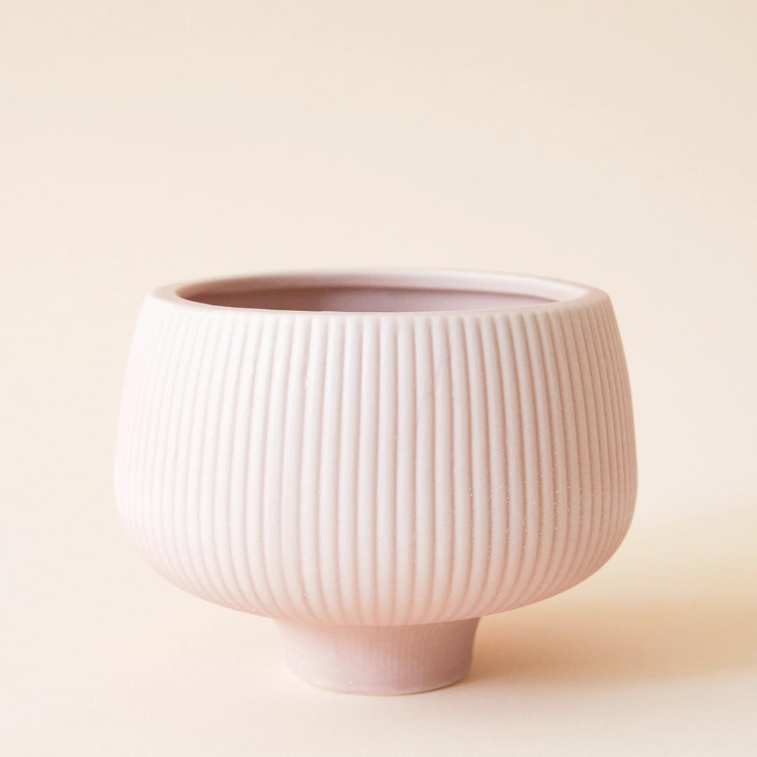 On a cream background is a light pink ceramic planter with fluted detailing and a pedestal style.  