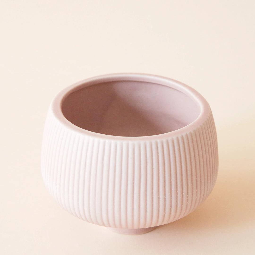 On a cream background is a light pink ceramic planter with fluted detailing and a pedestal style.