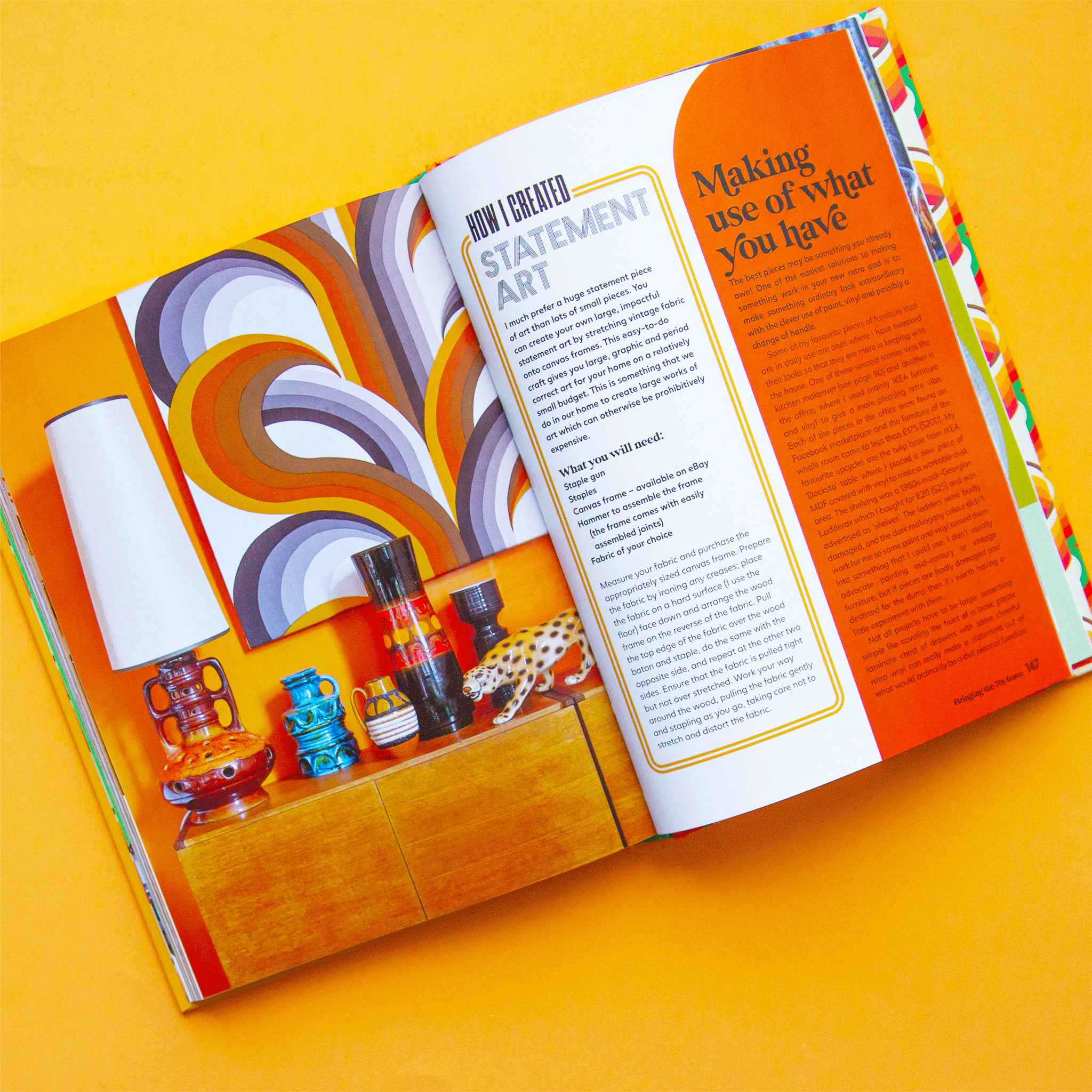 On a yellow background is a look at the inside of the book that features vibrant colors, text and photos of retro spaces. 