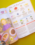 On a green background is the book open to a page containing a recipe with illustrations above each step and a colorful illustration on the left hand page. 