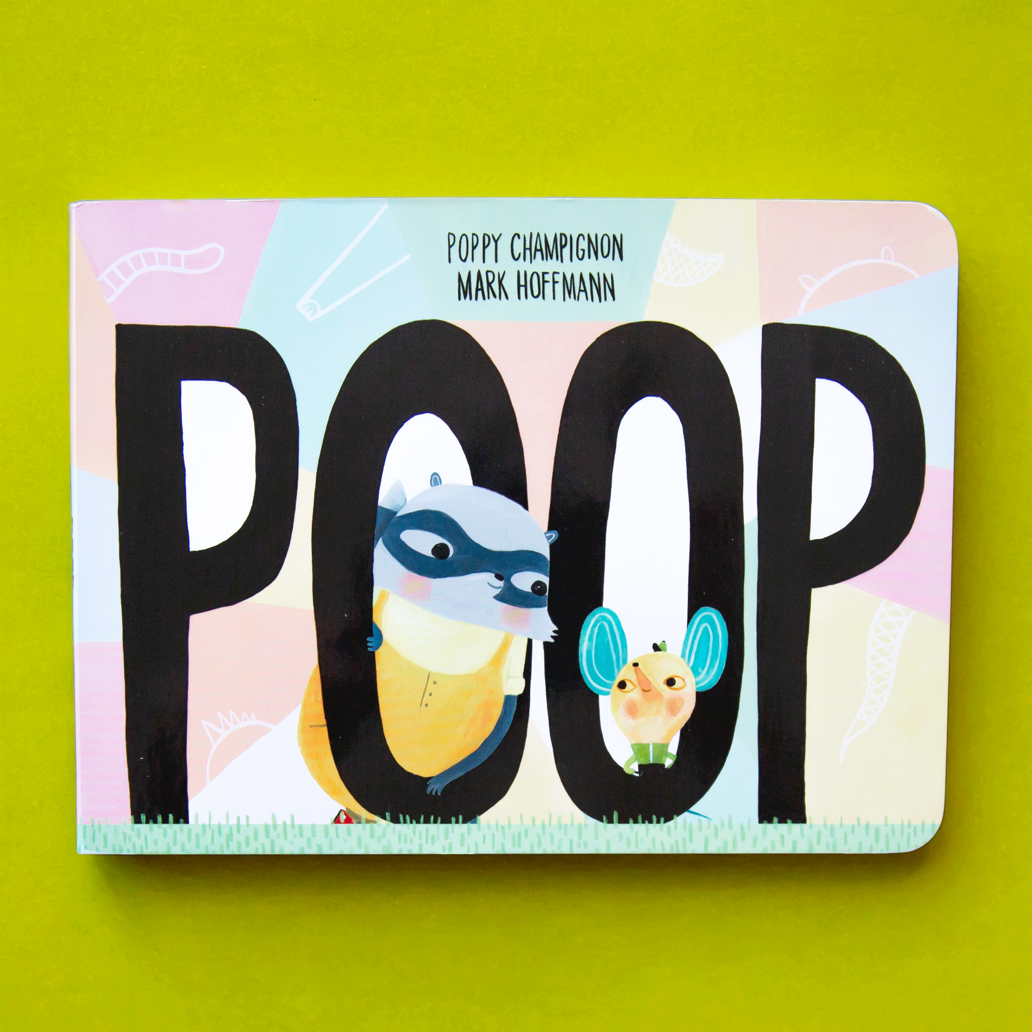 A multicolored design on the front cover along with large black letters that read, &quot;POOP&quot; along with a recon and little mouse character standing in the center of the &#39;O&#39;.
