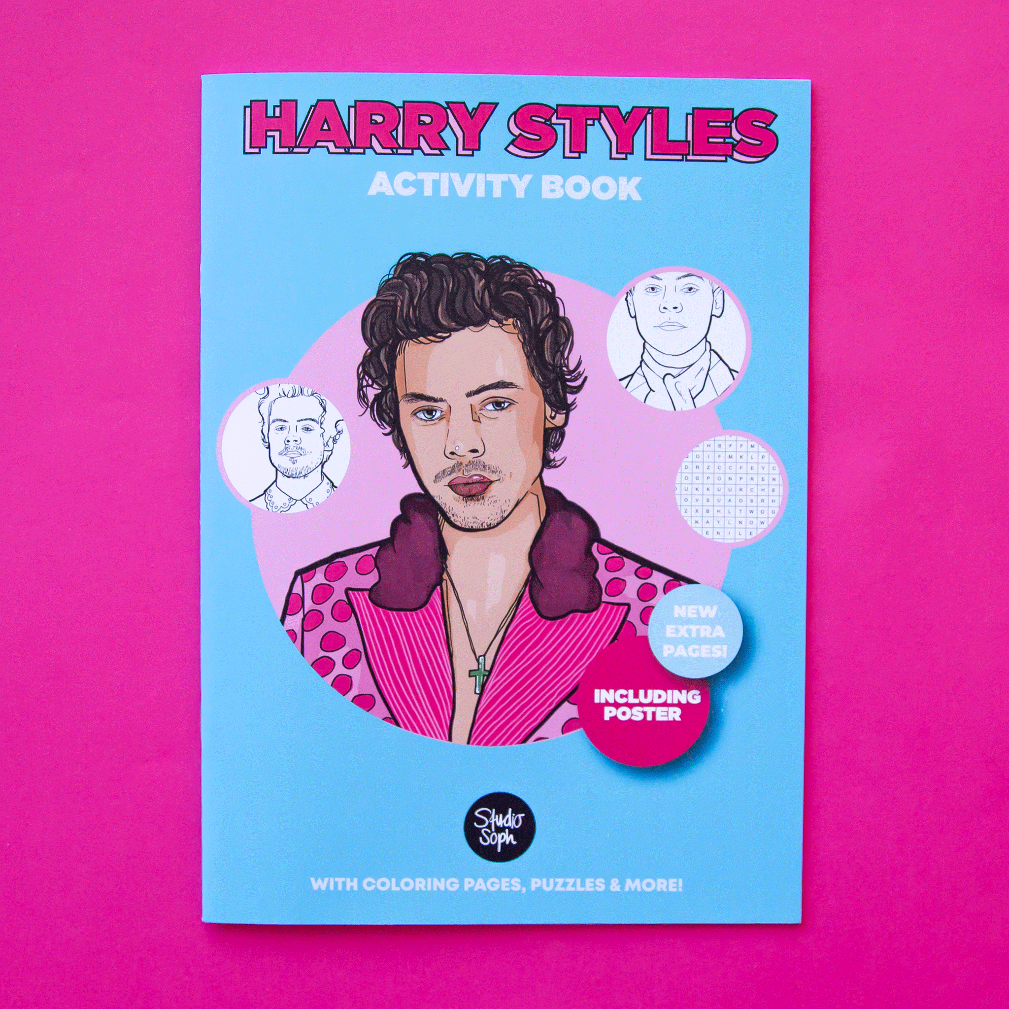 A blue coloring book with a graphic of Harry Styles in a pink polka dot suit along with pink text on the top that reads, &quot;Harry Styles Activity Book&quot;.