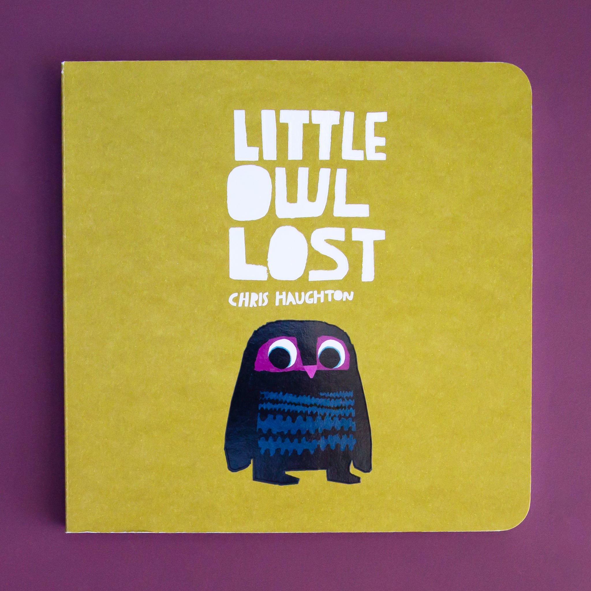 On a purple background is a green book cover with an illustration of an owl and white text that reads, "Little Owl Lost". 