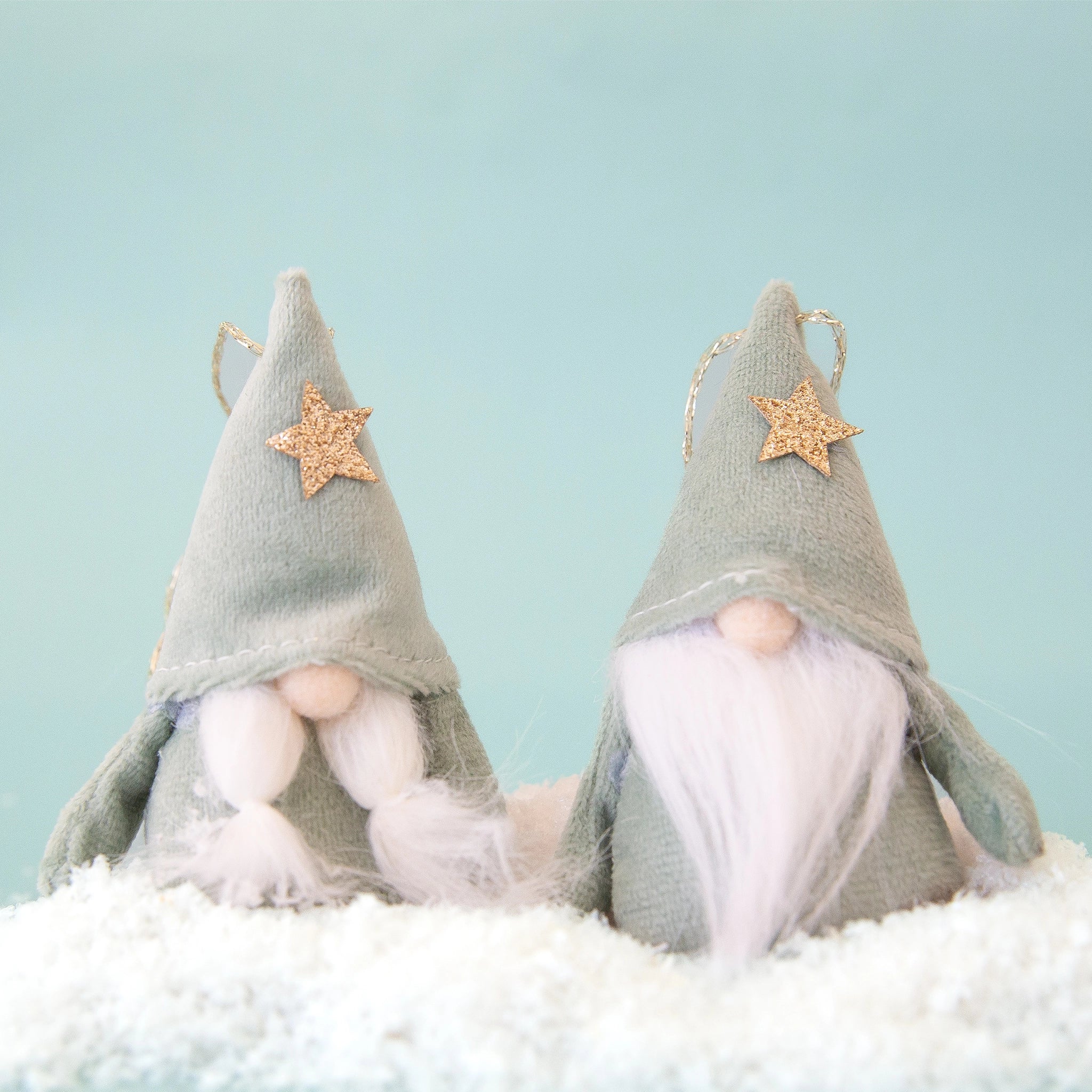 On a light blue background is two gnome ornaments with velour green outfits and hats on along with a gold glitter star on their hats. One gnome has a pigtail beard and the other has a free flowing beard. 