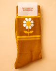 On a peachy background is a burnt orange pair of socks with a daisy graphic on the sides.
