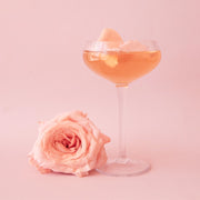 On a pink background is a clear coupe glass with a beverage inside and staged next to a rose.