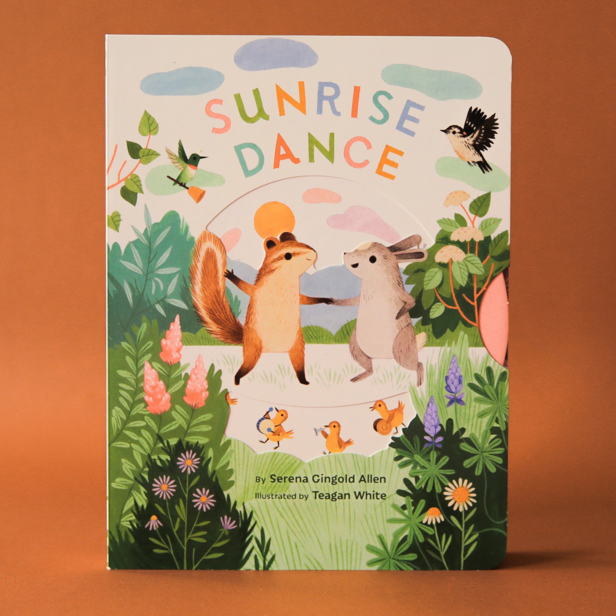  Hardcover children&#39;s book titled &#39;Sunrise Dance&#39; in colorful lettering. Below the title is a spring themed scene of animals dancing in a grass field. Animals include a squirrel and bunny holding hands, instrument playing ducklings and more.