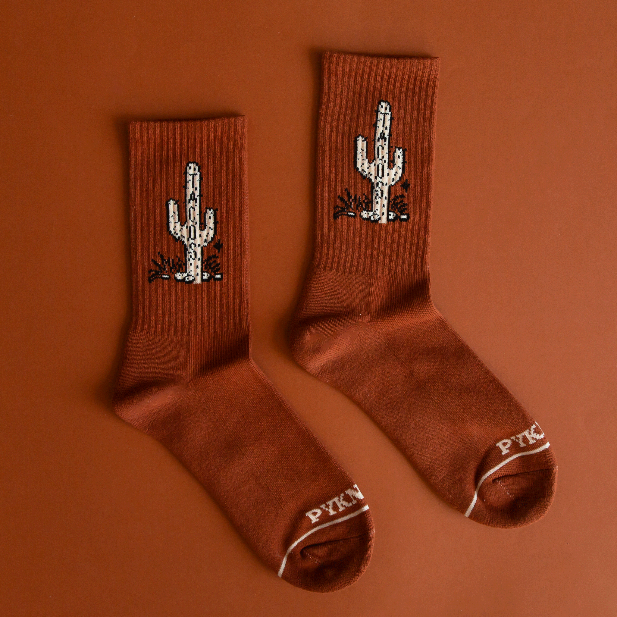A burnt orange / brown socks with a cactus graphic with &quot;Taco&quot; written down the side of the cactus.