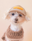 On a tan background is a white dog wearing a tan baseball hat with a mesh back and yellow text that reads, "San Diego". 