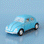 On a blue background is a blue VW bug toy. 