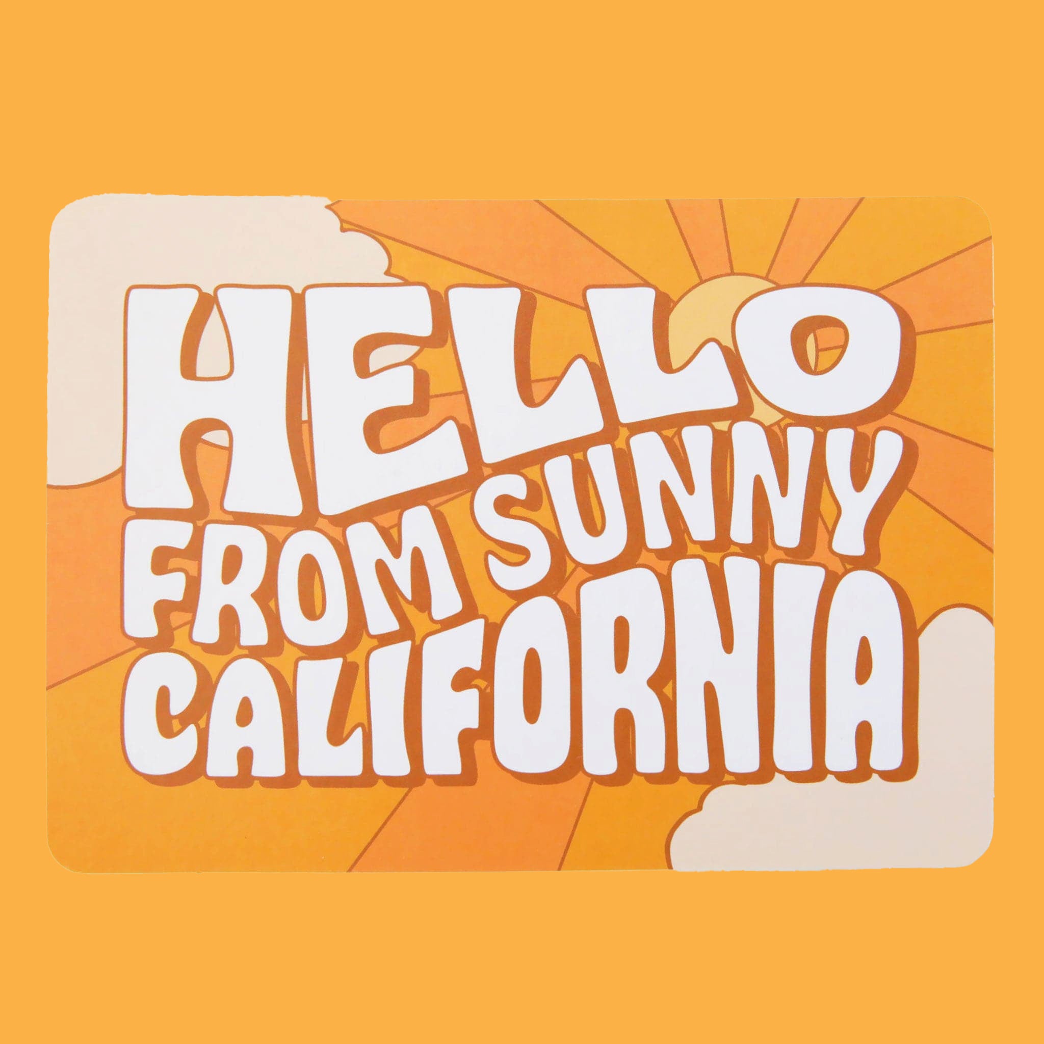 An orange postcard with 70's style text that reads, "Hello From Sunny California".