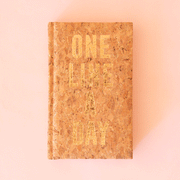 On a neutral background is a cork textured journal with gold text on the front that reads, "One Line A Day".