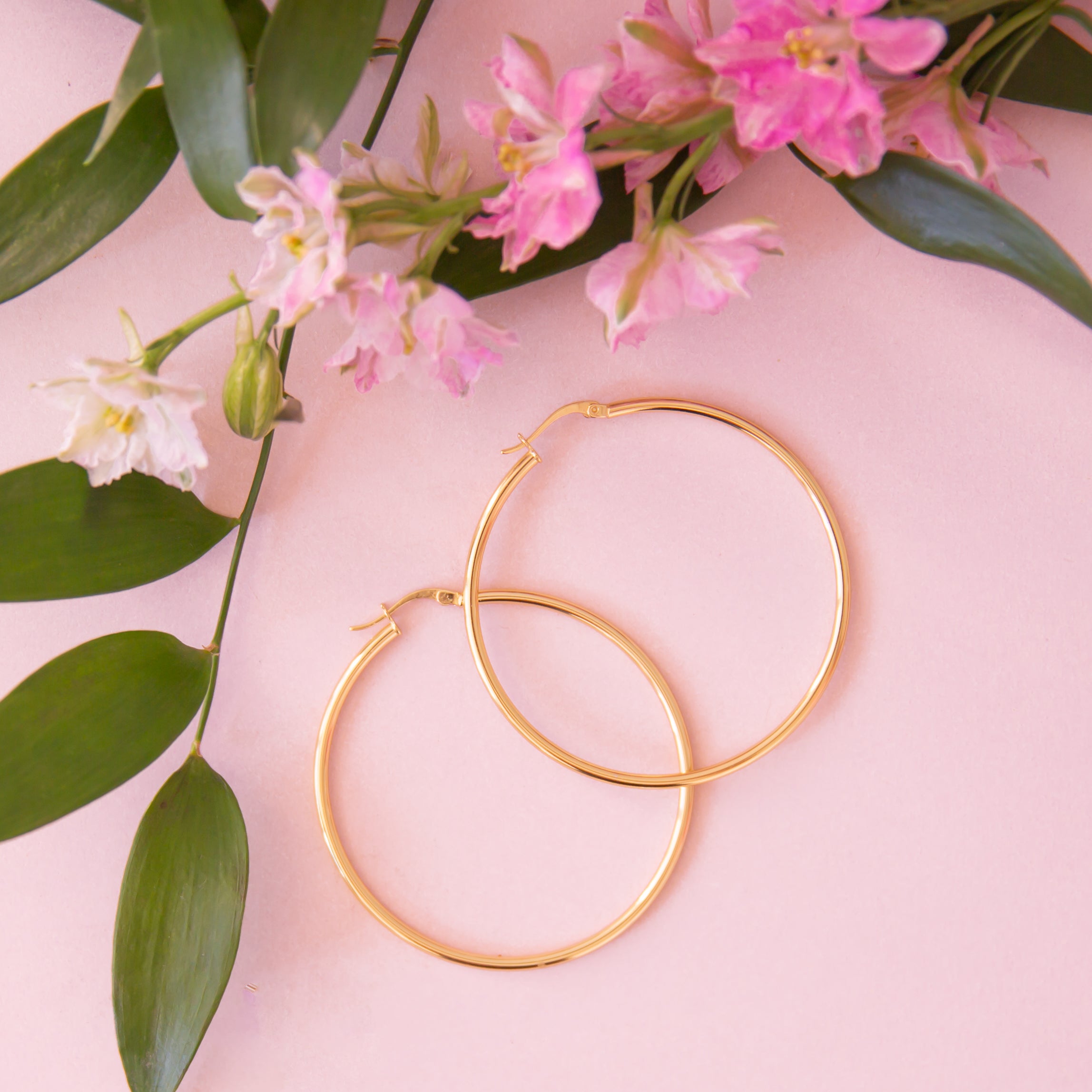 On a pink background is a pair of thin gold hoop earrings next to a stem of pink flowers.