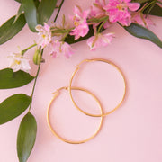 On a pink background is a pair of thin gold hoop earrings next to a stem of pink flowers.