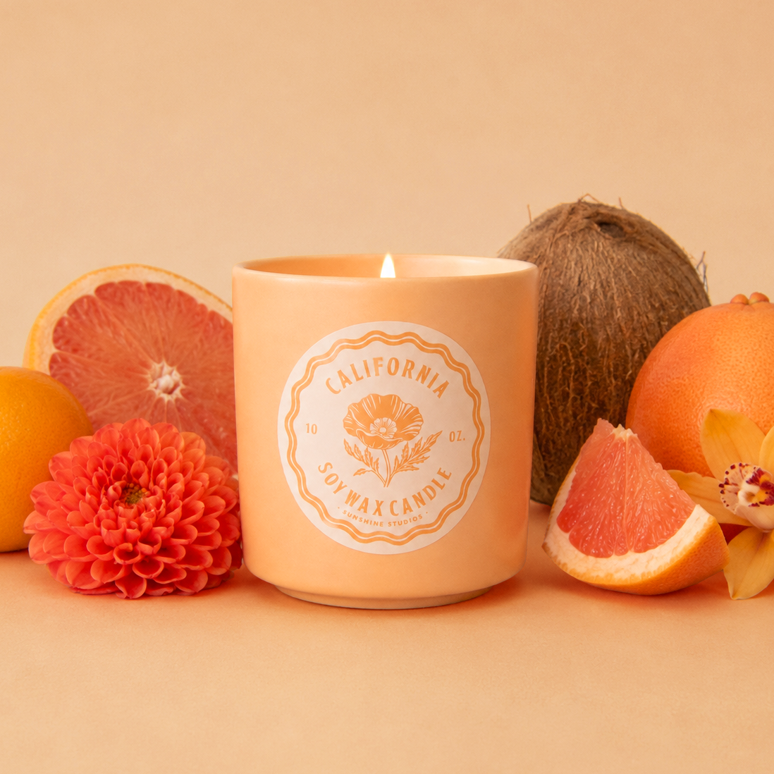 A candle with a label that reads "california, soy wax candle" sits among bright colored fruits and flowers on a peach colored background.