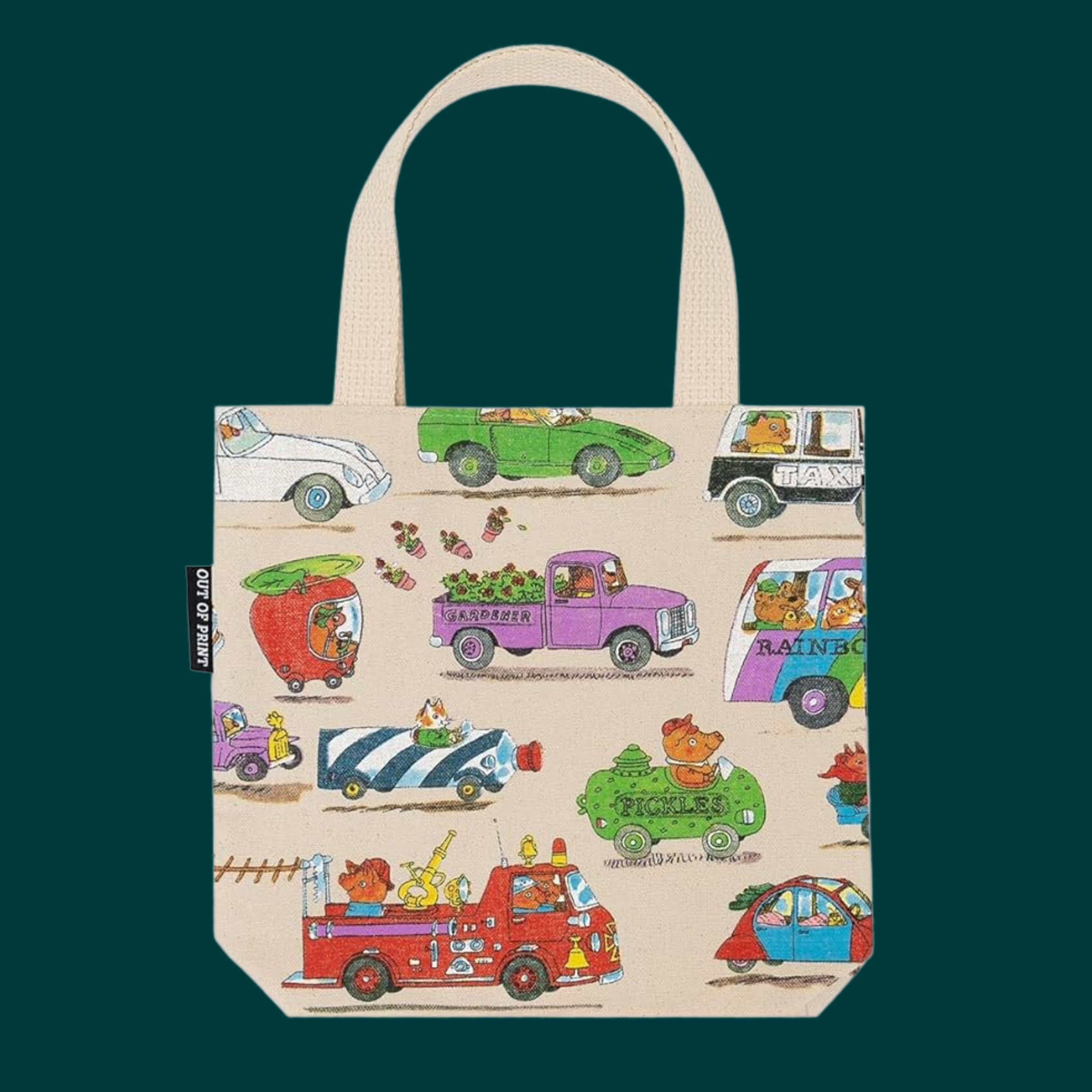 a mini tote bag with graphics cars and trucks and richard scarry characters.