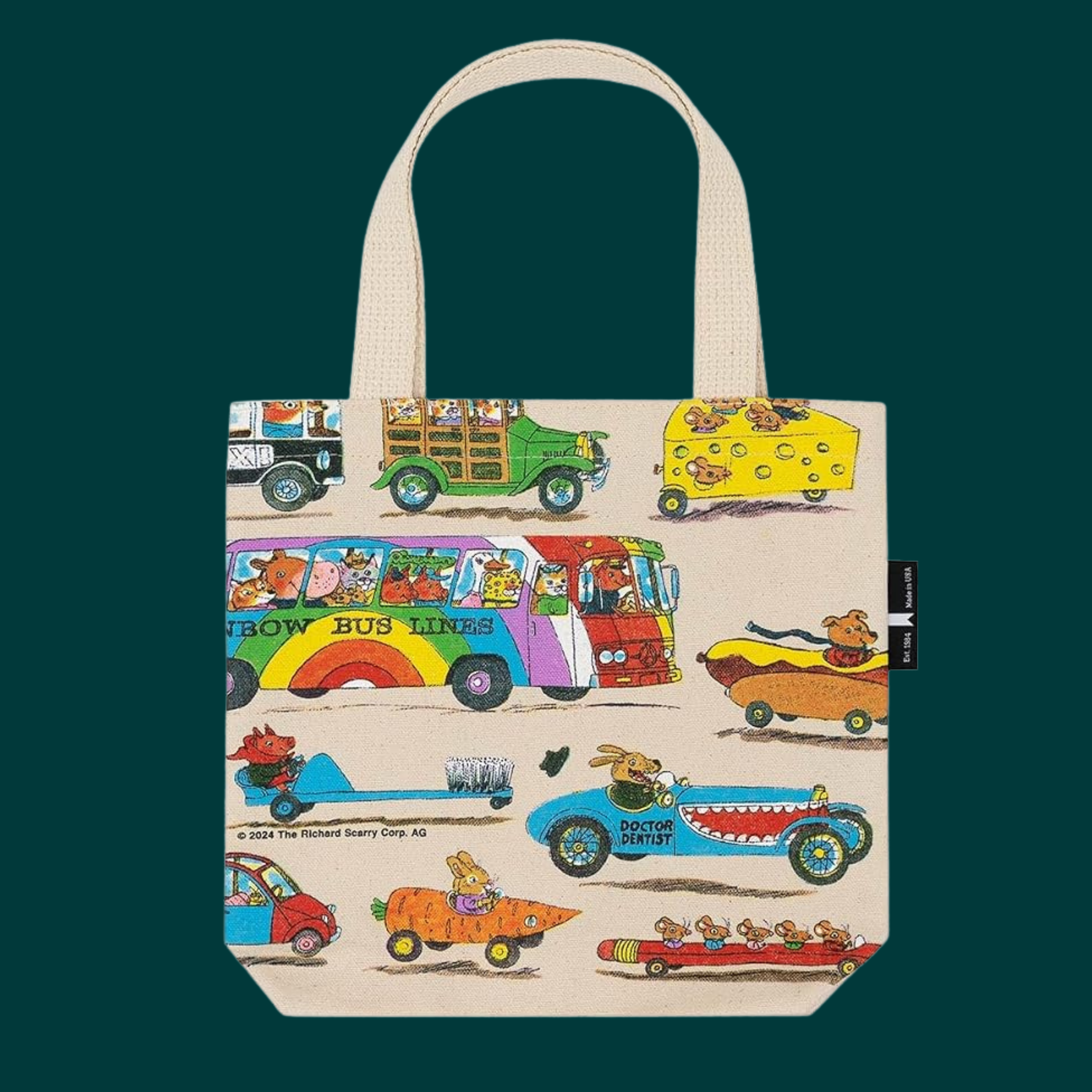 a mini tote bag with graphics cars and trucks and richard scarry characters.