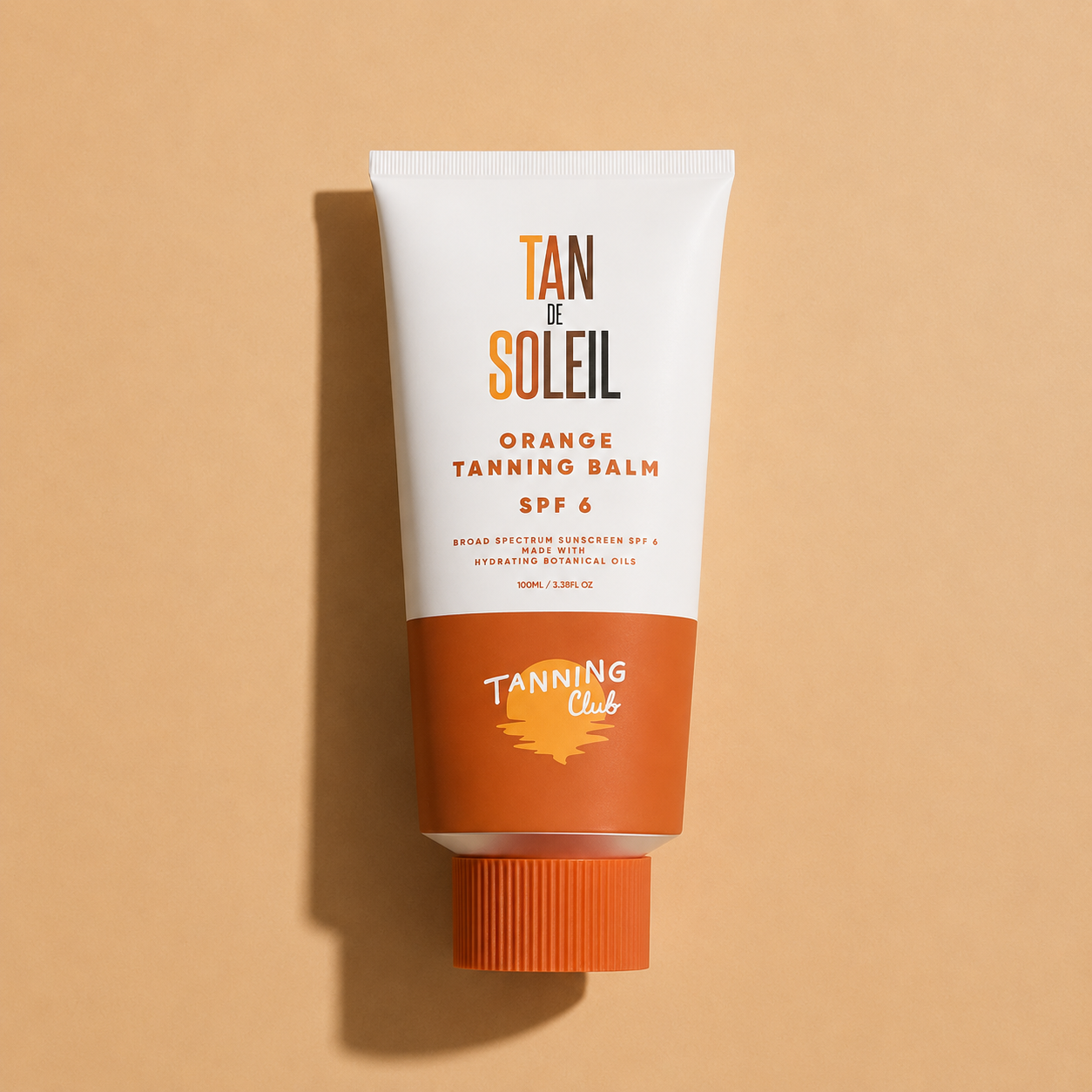 Tube of Tan de Soleil Orange Tanning Balm on a beige background