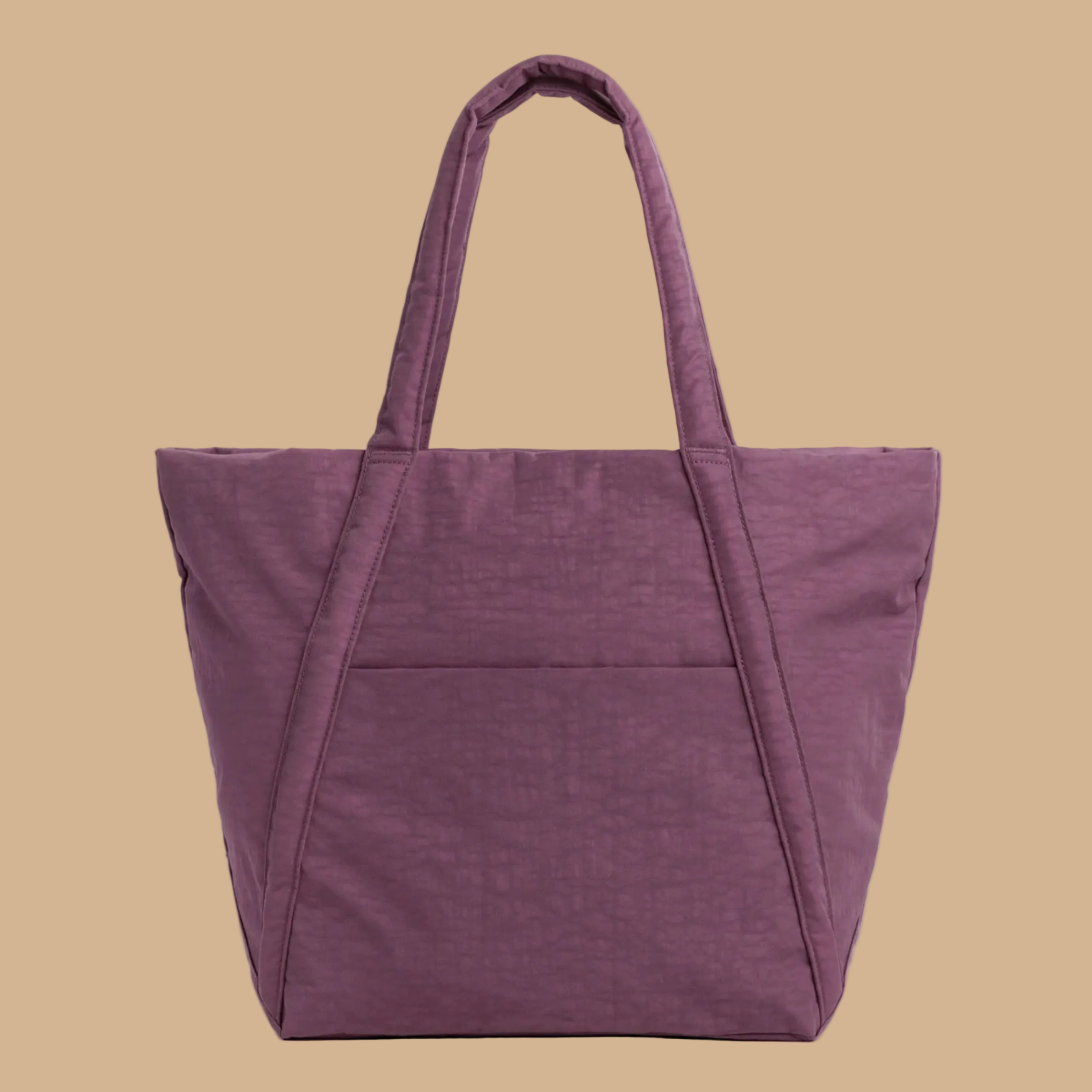 A purple nylon tote bag. 
