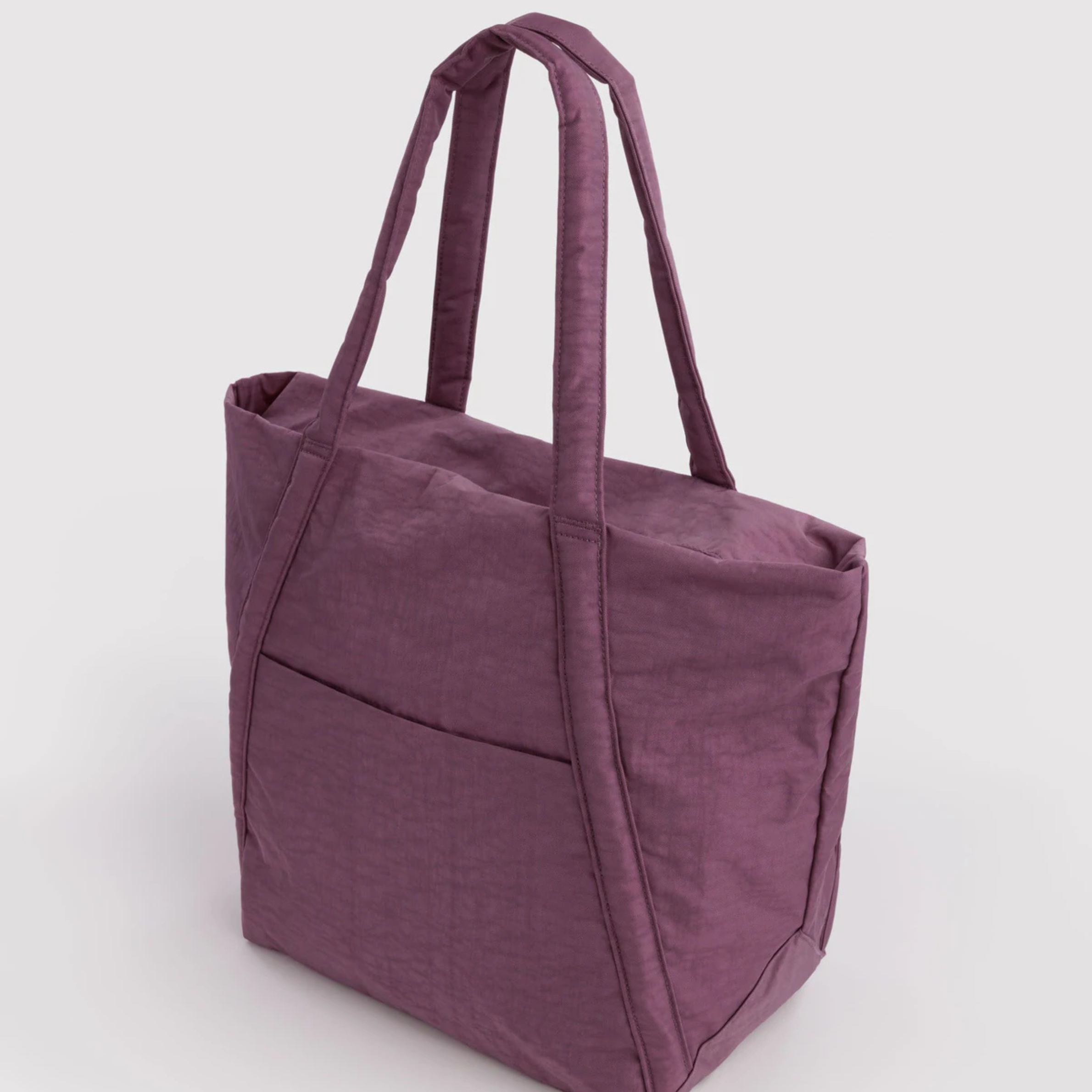A purple nylon tote bag. 