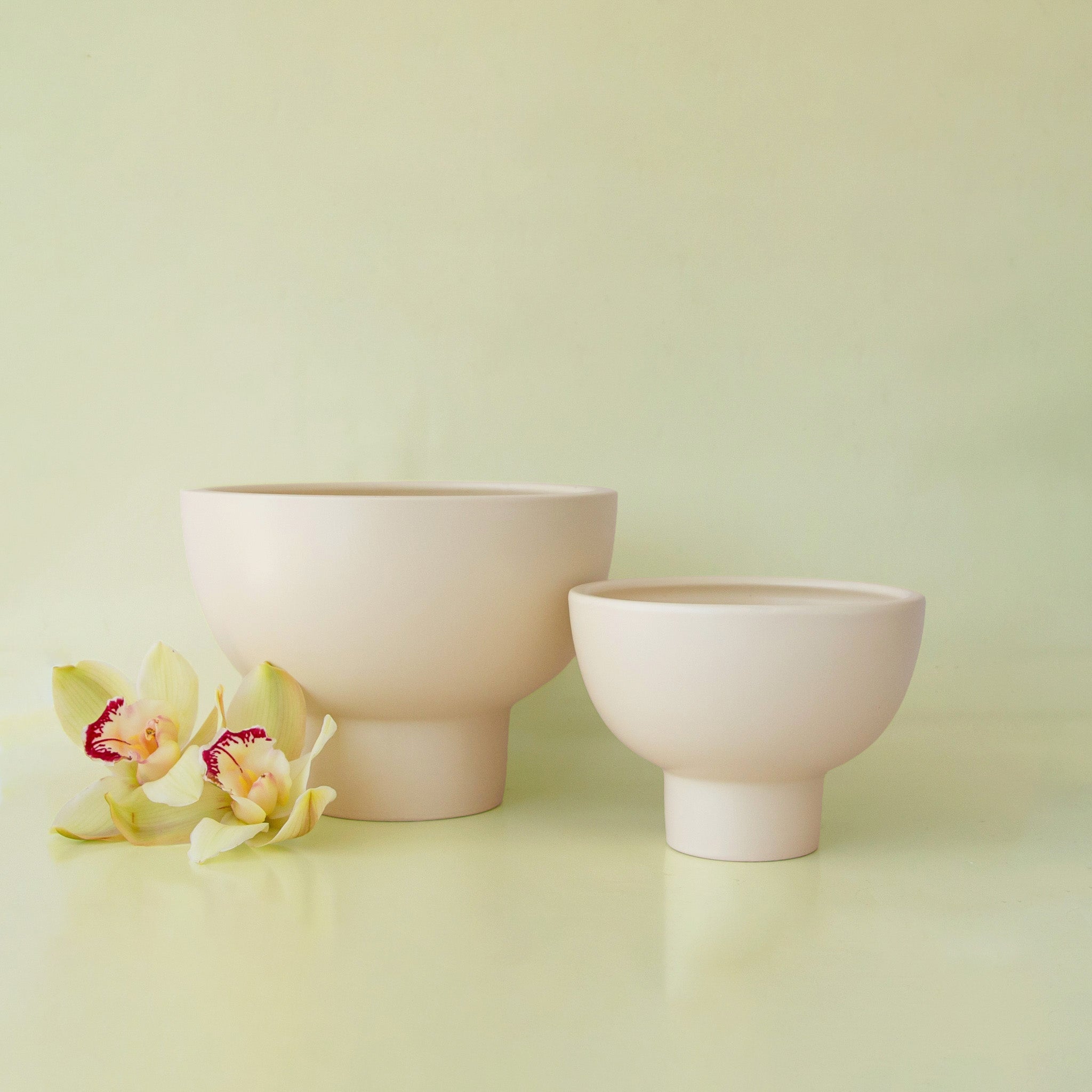 Two ceramic pedestal planters and a flower on a light green background