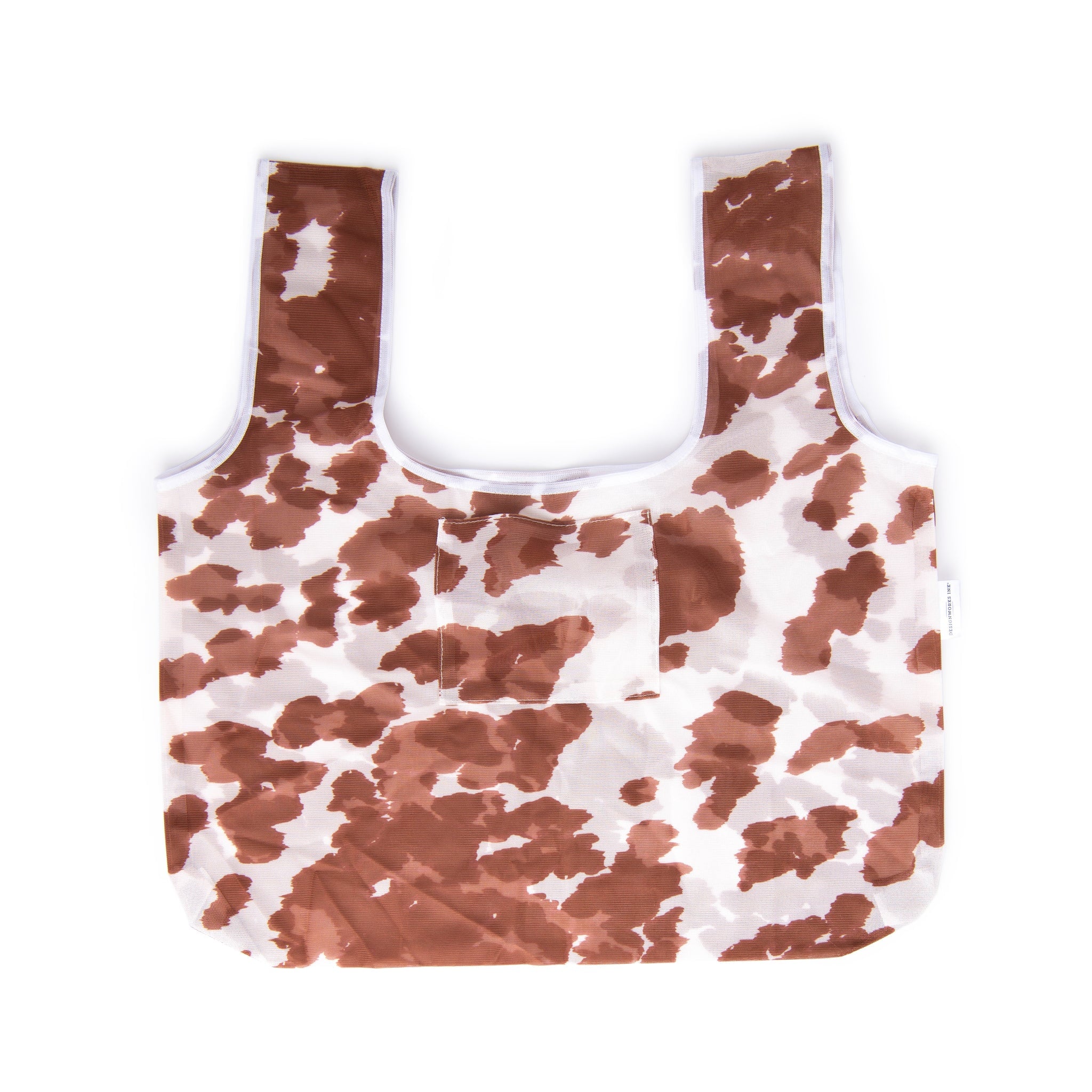 On a white background is a brown and white cow printed nylon tote bag. 