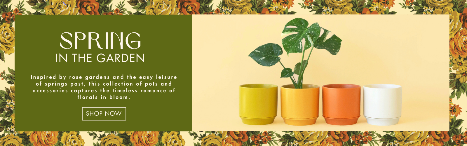 Spring garden–inspired collection featuring colorful ceramic plant pots in yellow, orange, and cream tones, set against a vintage floral background.