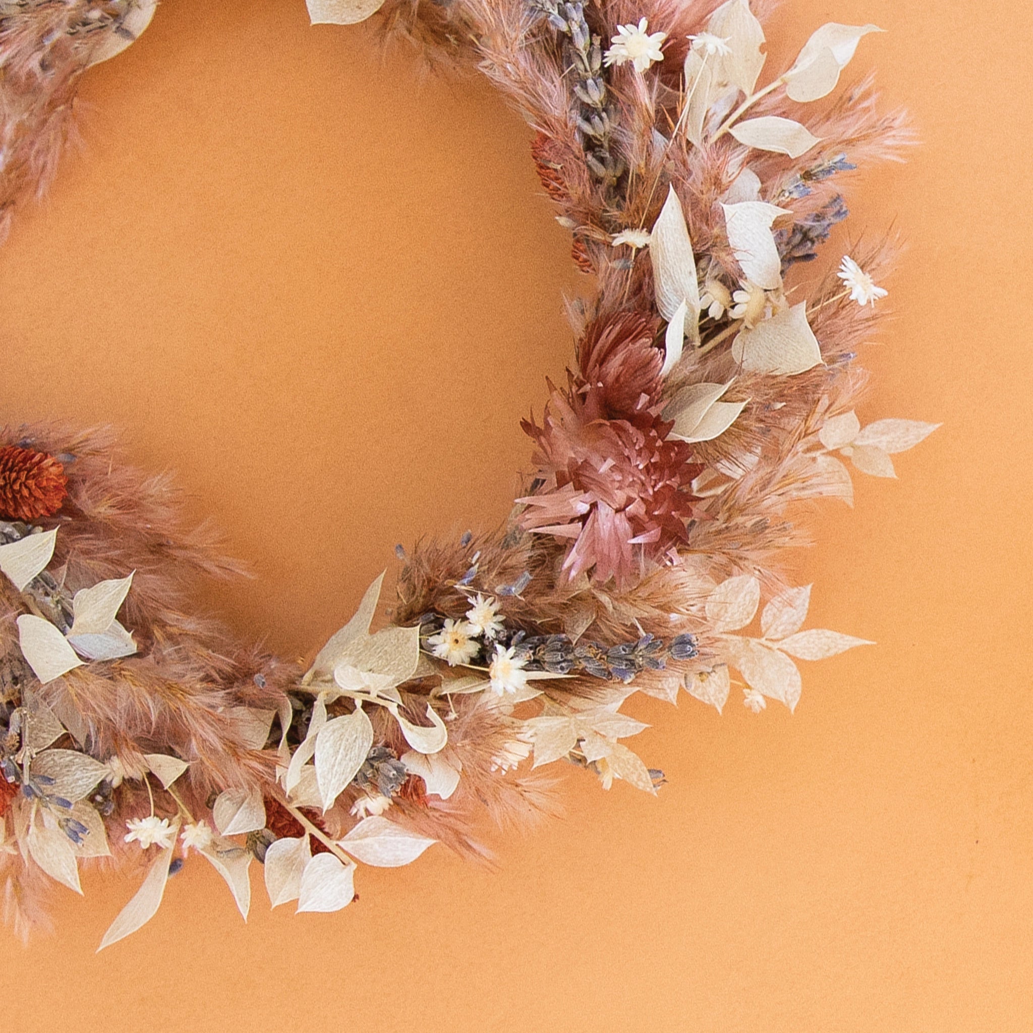 On an orange background is a flower crown made up of a variety of dried florals. 