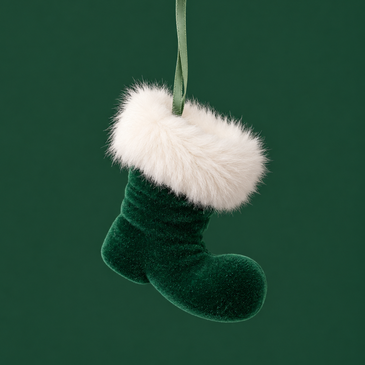 a dark green flocked boot ornament. 