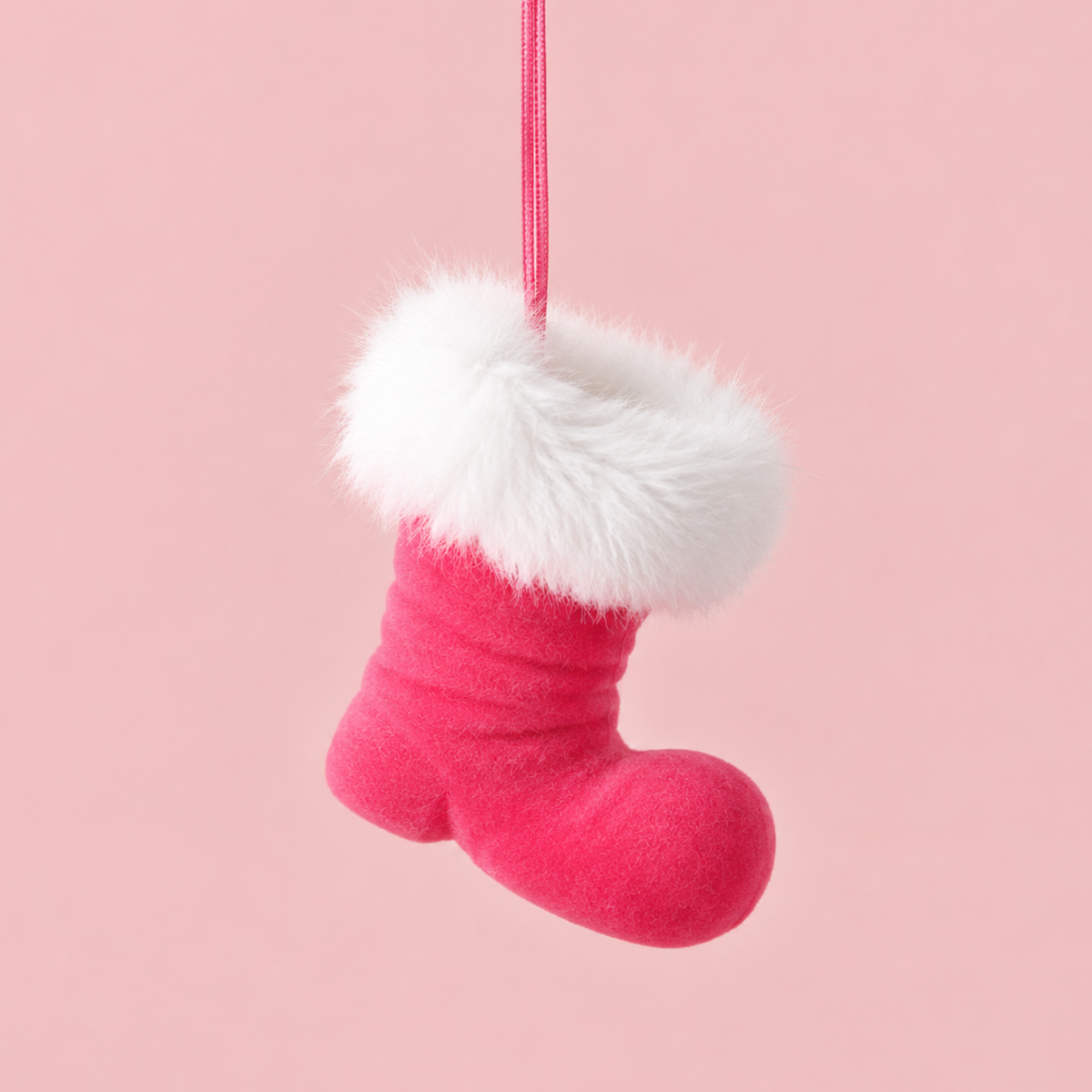 a pink flocked boot ornament. 