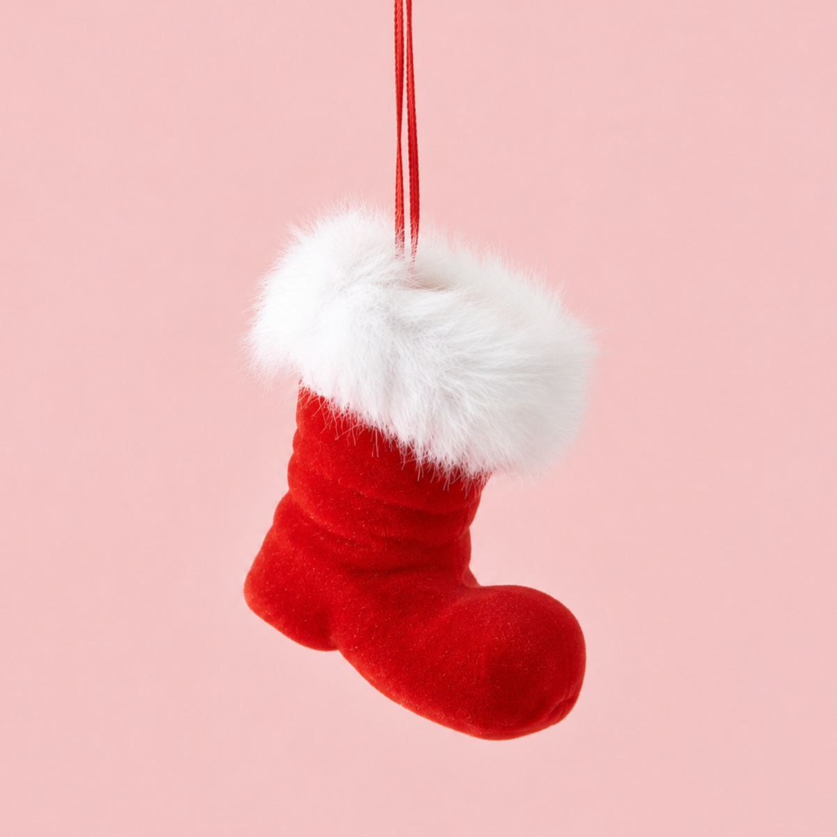 a red flocked boot ornament. 